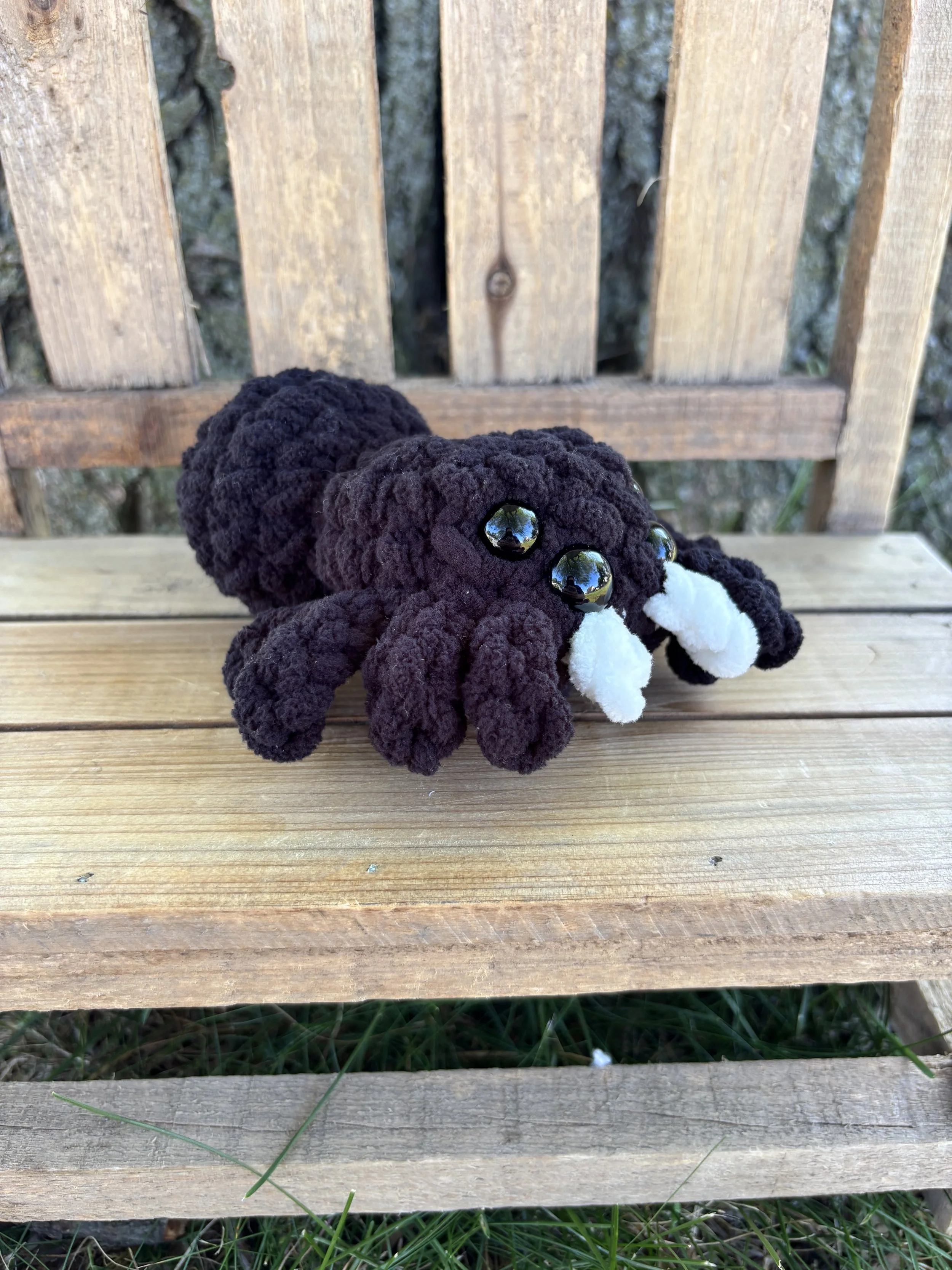Handmade crochet black jumping spider plushie