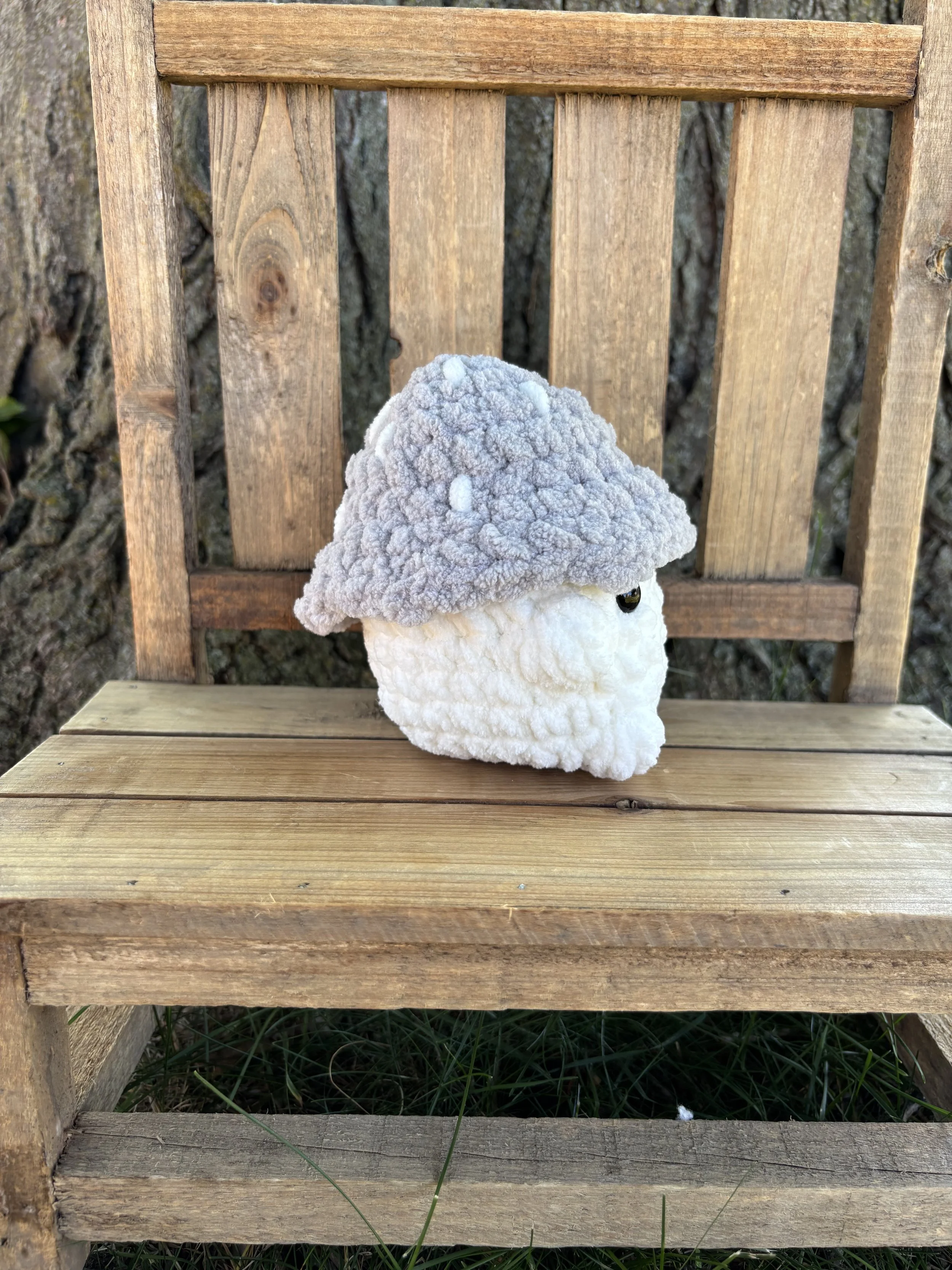 Handmade crochet grey mushroom plushie