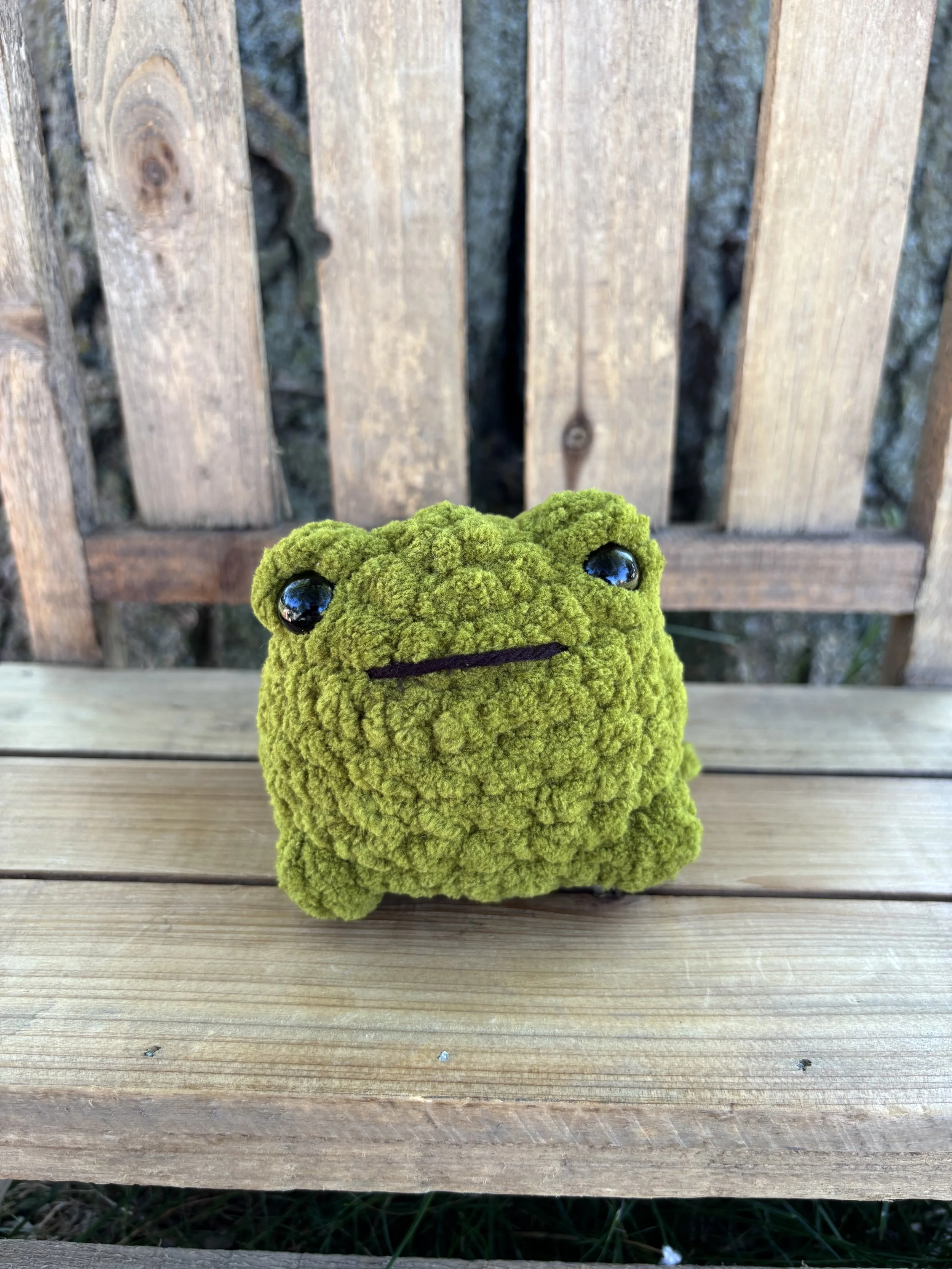 Handmade crochet olive green jumping frog plushie