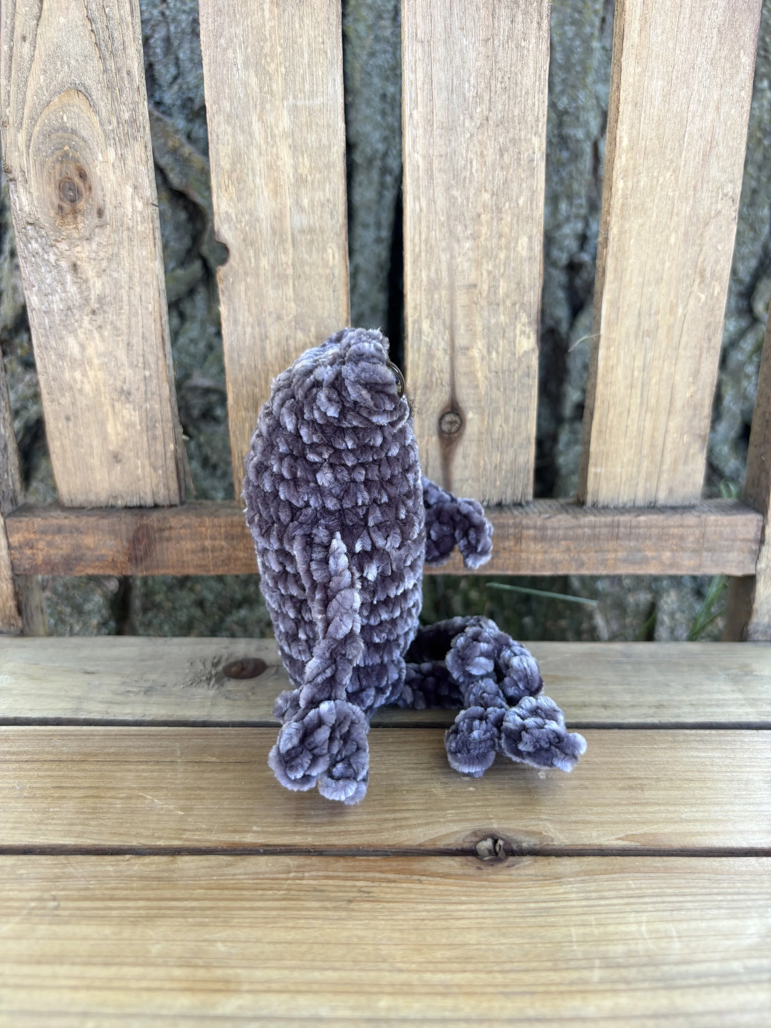 Handmade crochet grey velvet leggy frog plushie