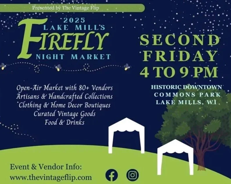Lake Mills Firefly Night Market flyer, 2026 season dates, second Friday 4-9pm at Commons Park in Lake Mills