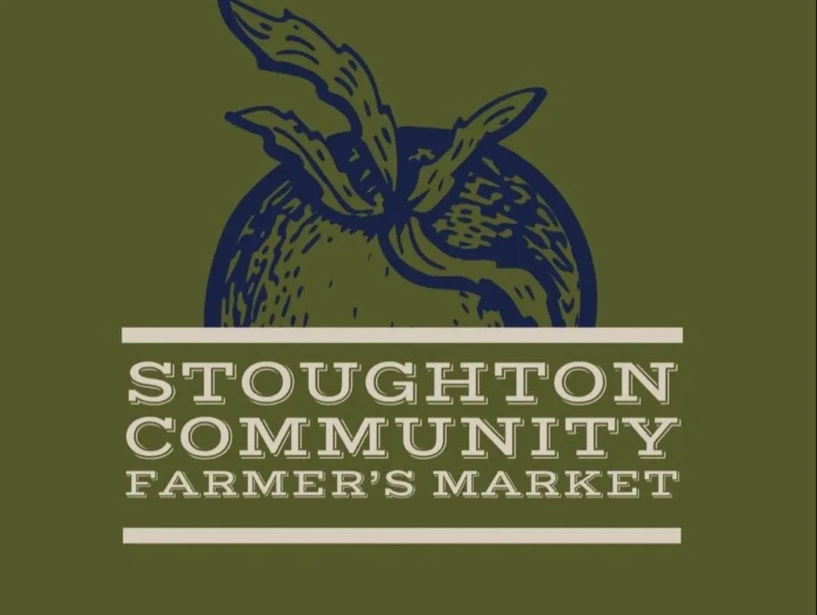 Stoughton Community Farmer's Market logo with illustrated tomato on olive green background