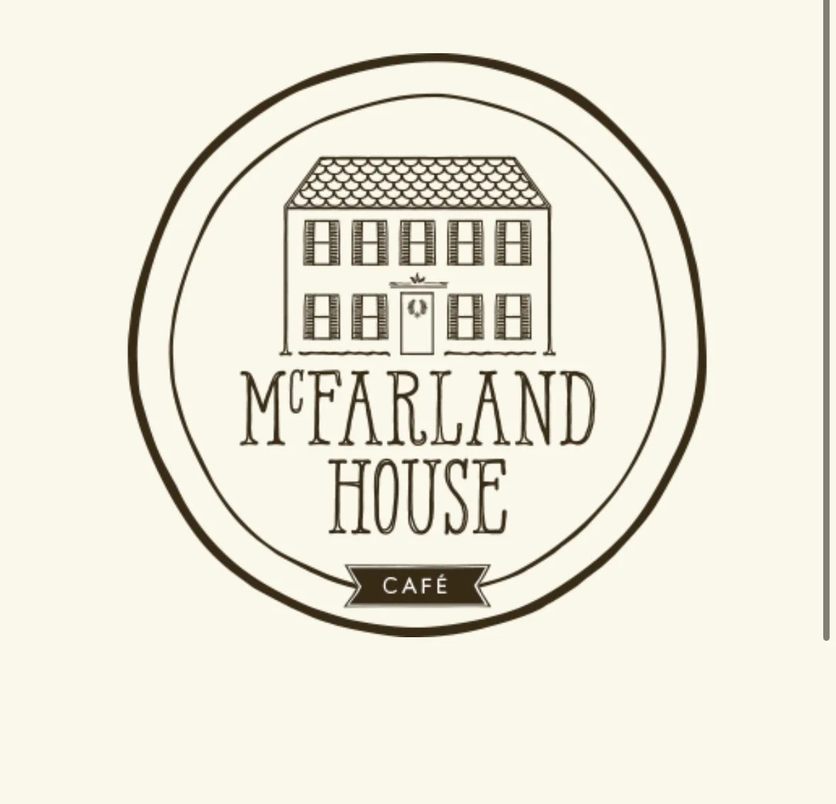 McFarland House Café logo, illustrated two-story house in circular emblem