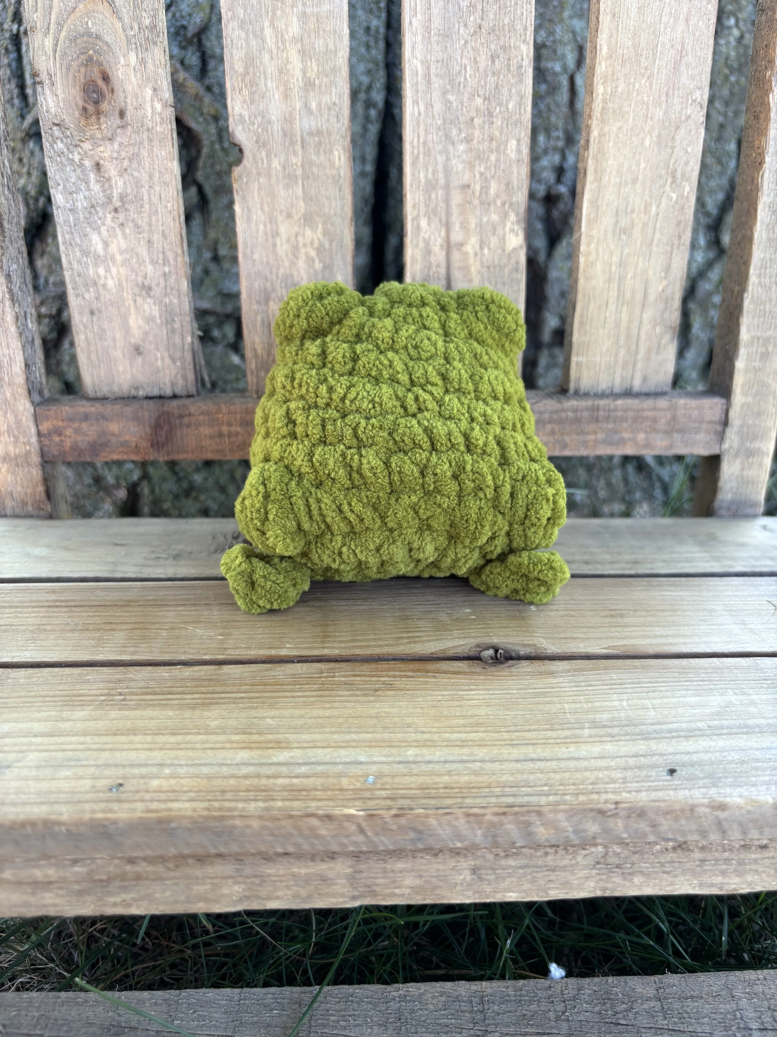 Handmade crochet olive green jumping frog plushie