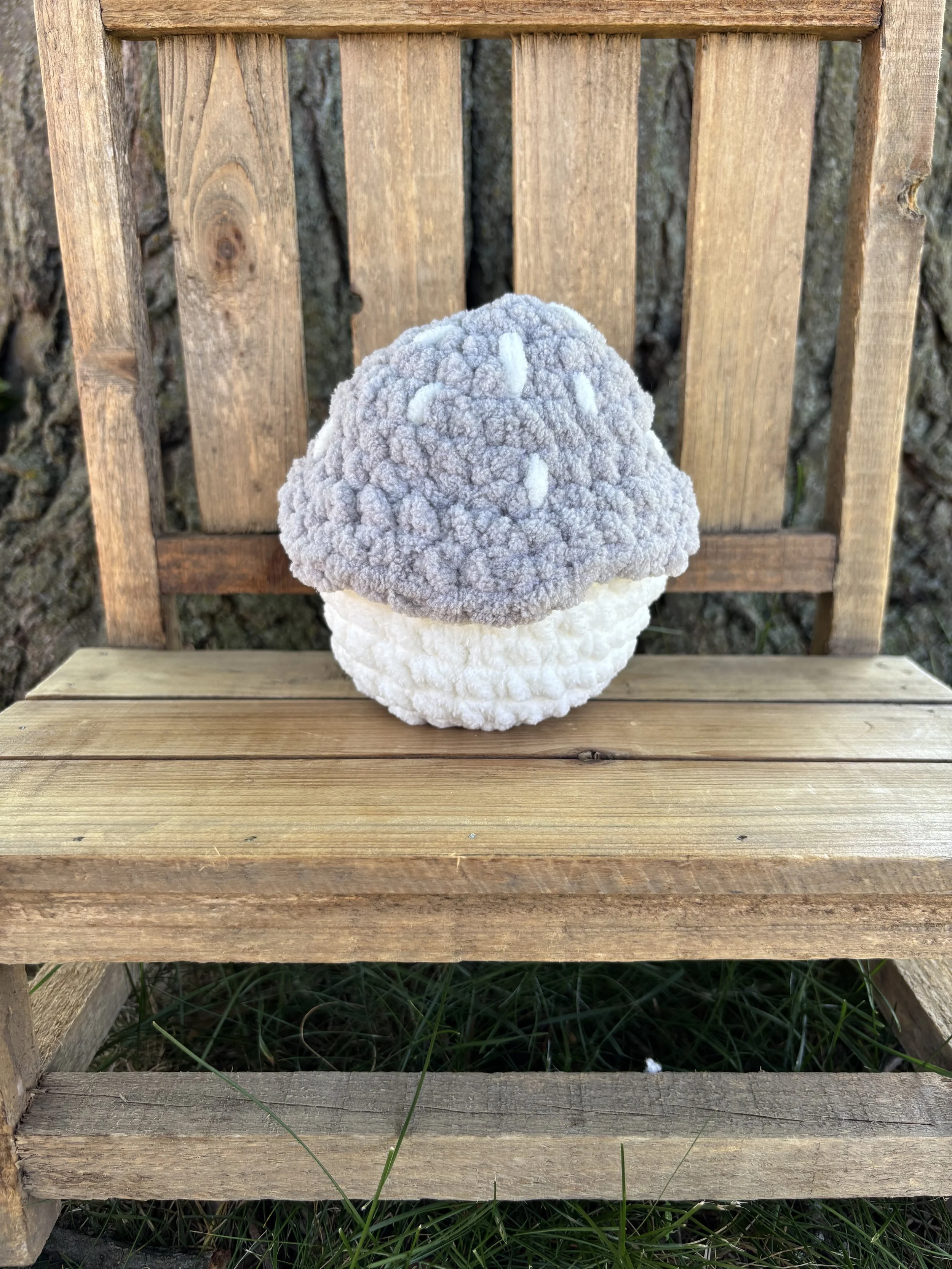 Handmade crochet grey mushroom plushie
