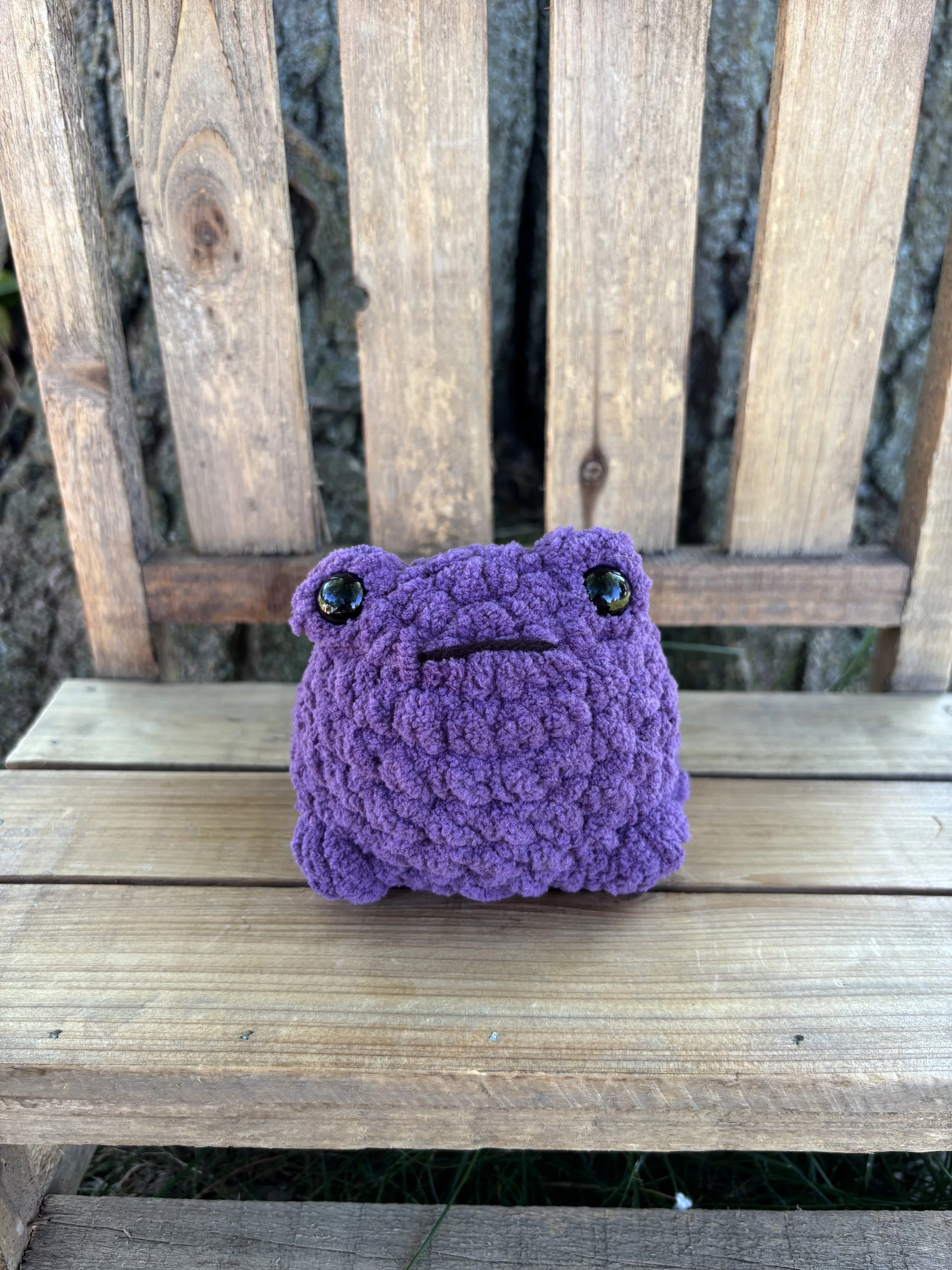 Handmade crochet purple jumping frog plushie