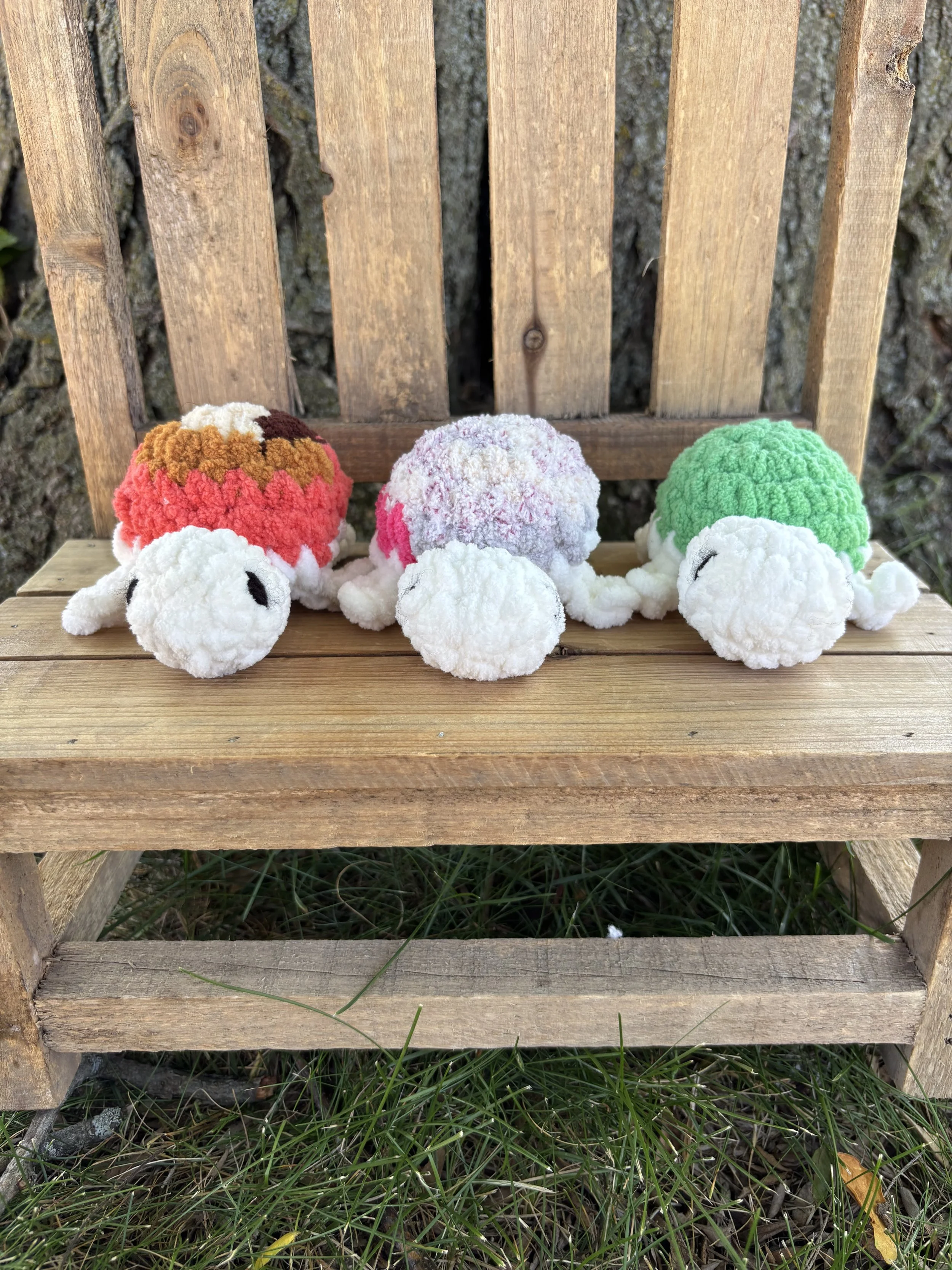 Handmade mini crochet turtle plushie collage