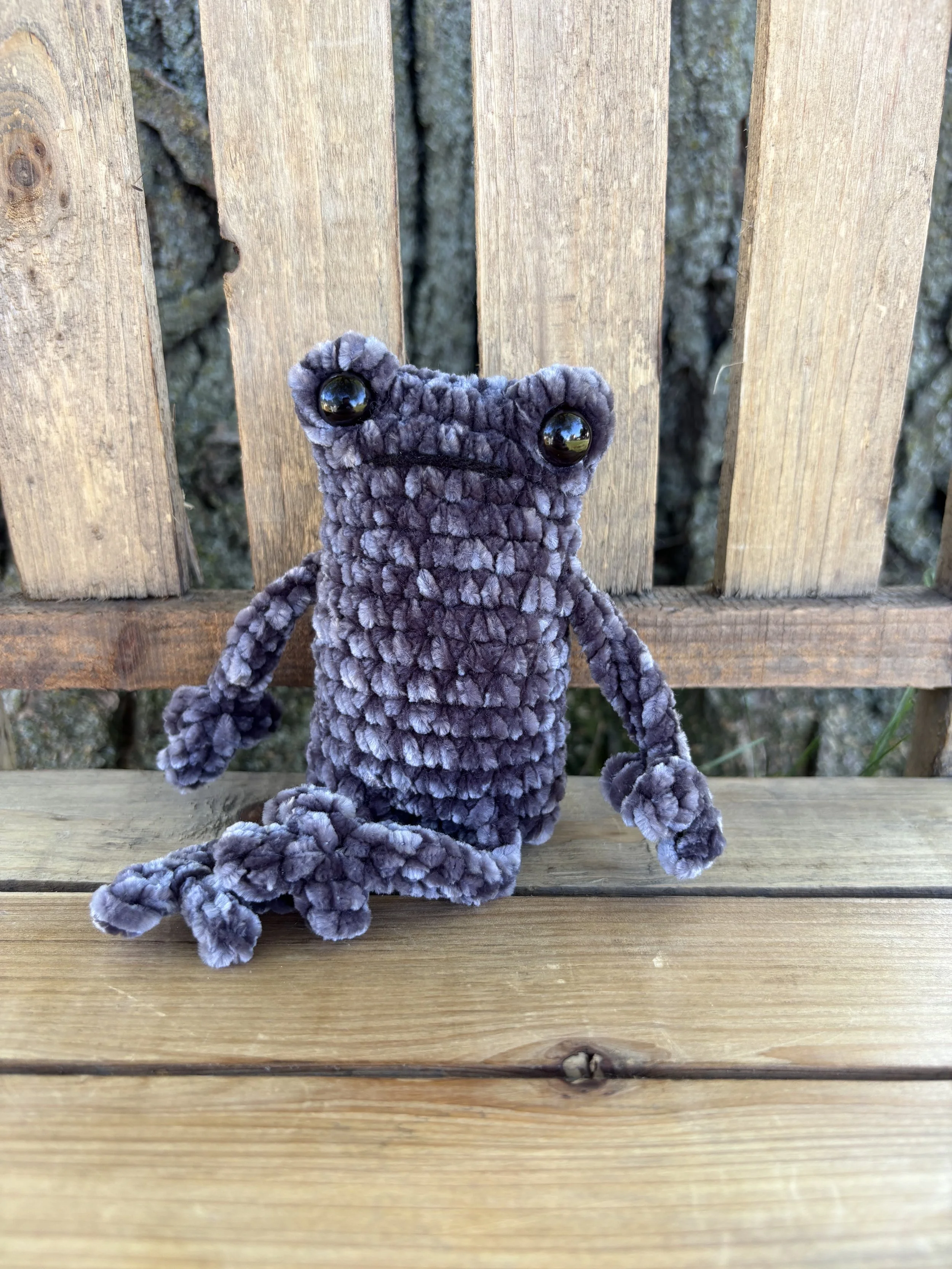 Handmade crochet grey velvet leggy frog plushie