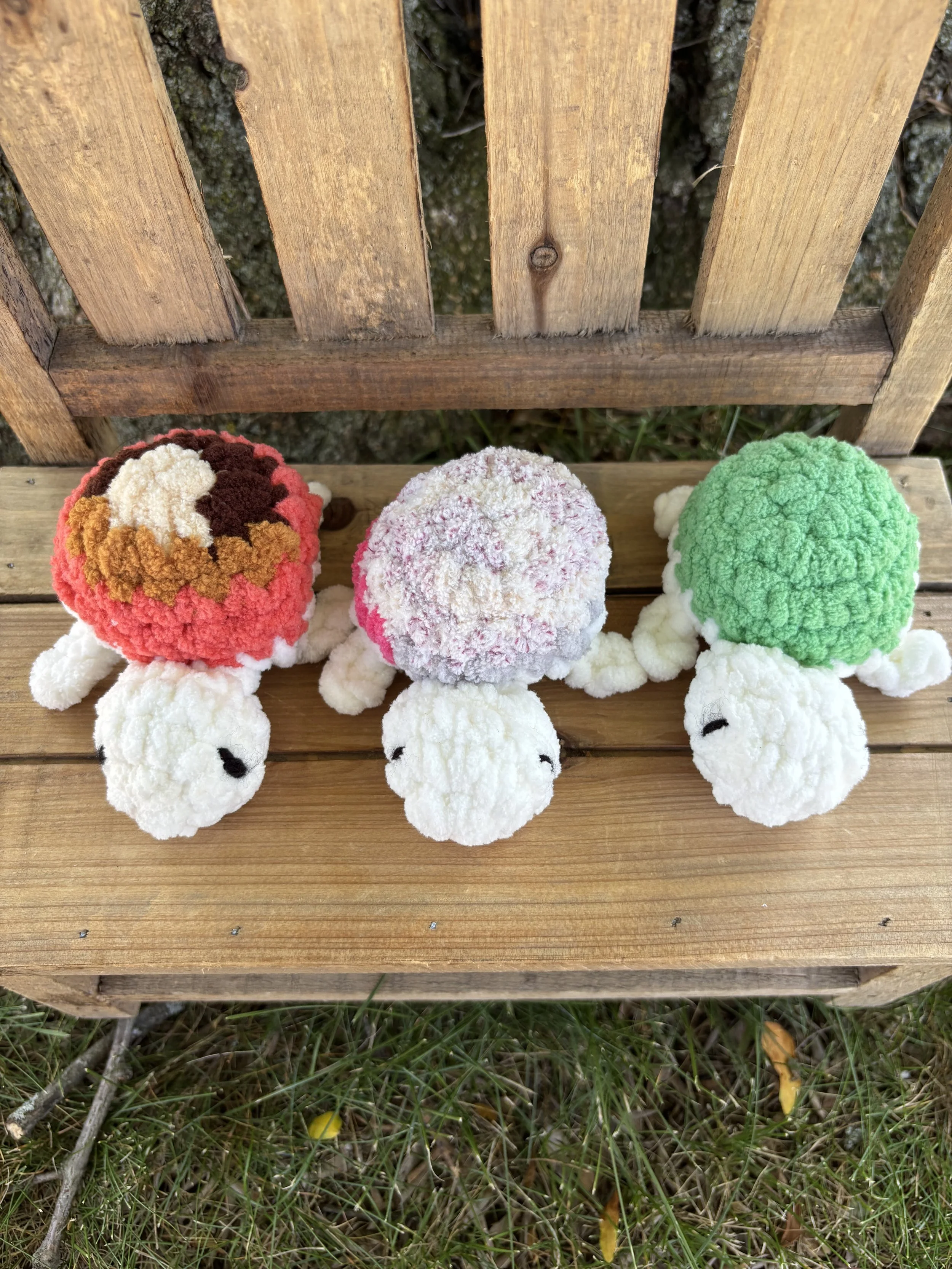 Handmade mini crochet turtle plushie collage