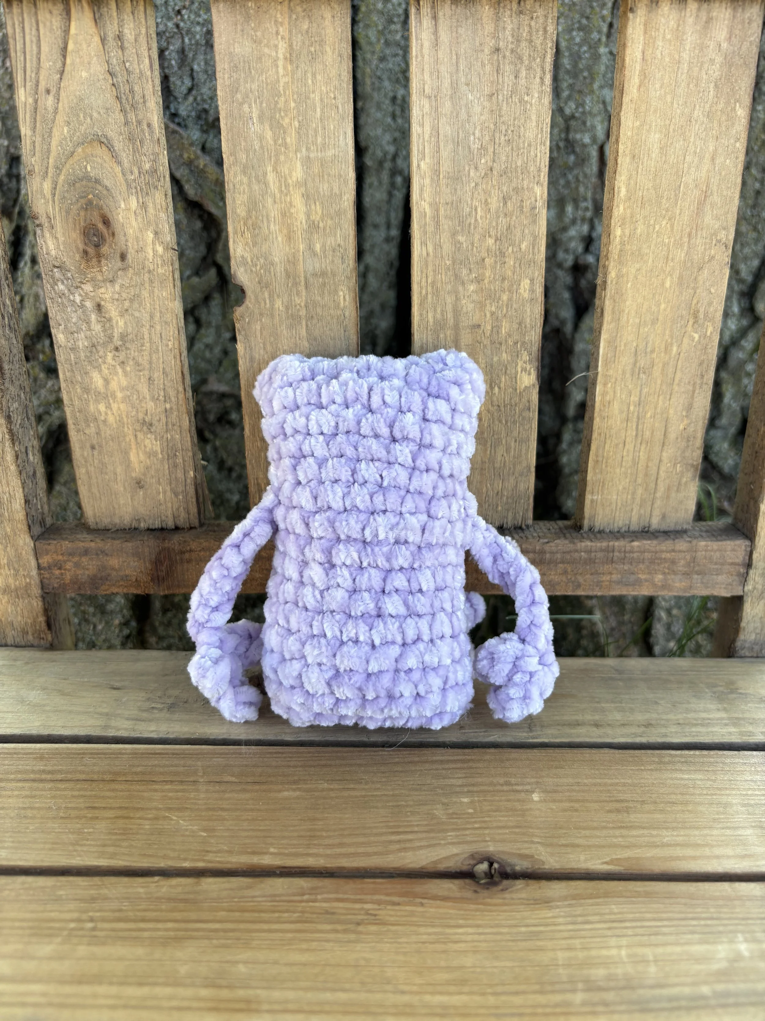 Handmade crochet lavender velvet leggy frog plushie