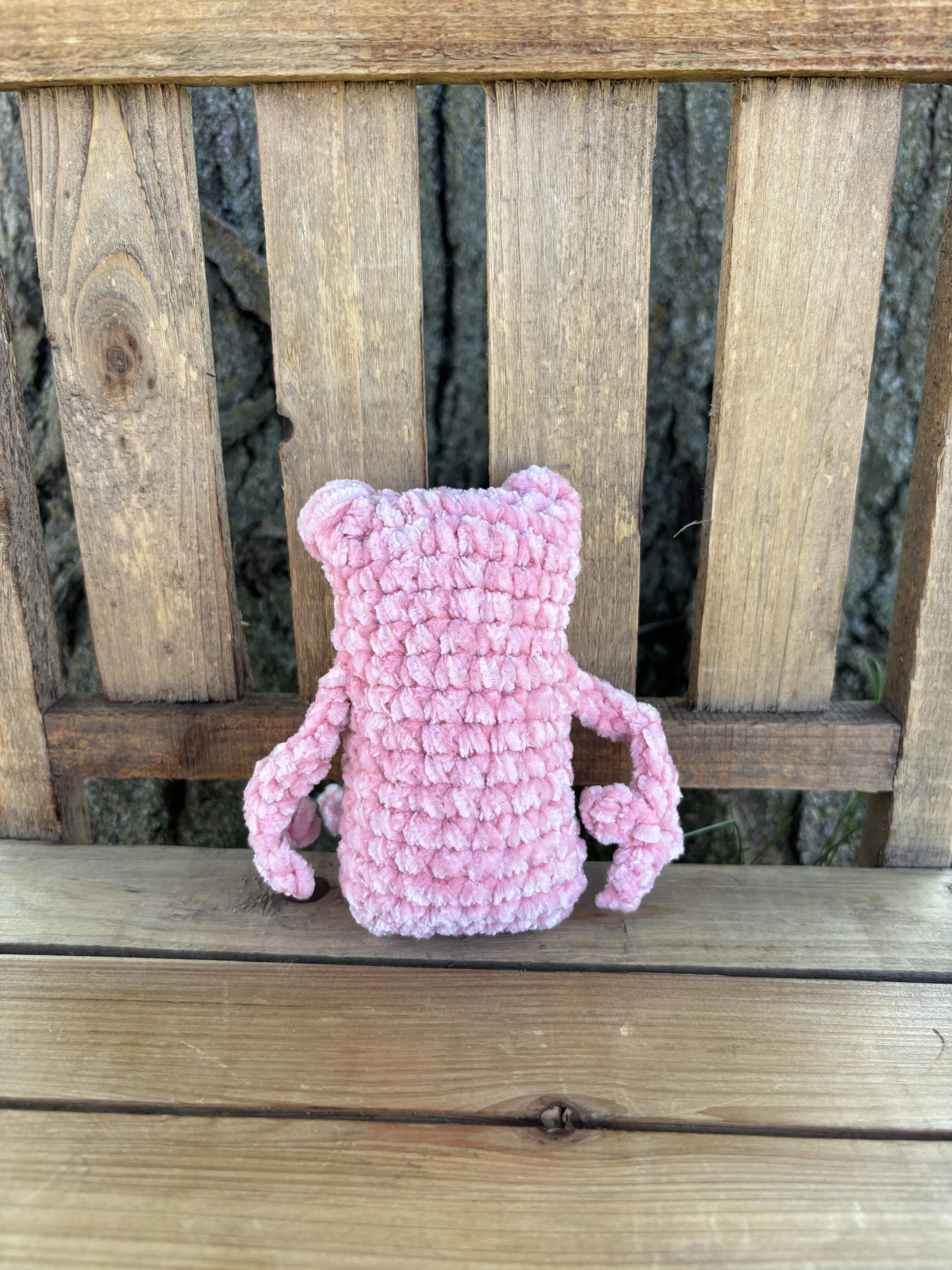 Handmade crochet pink velvet leggy frog plushie