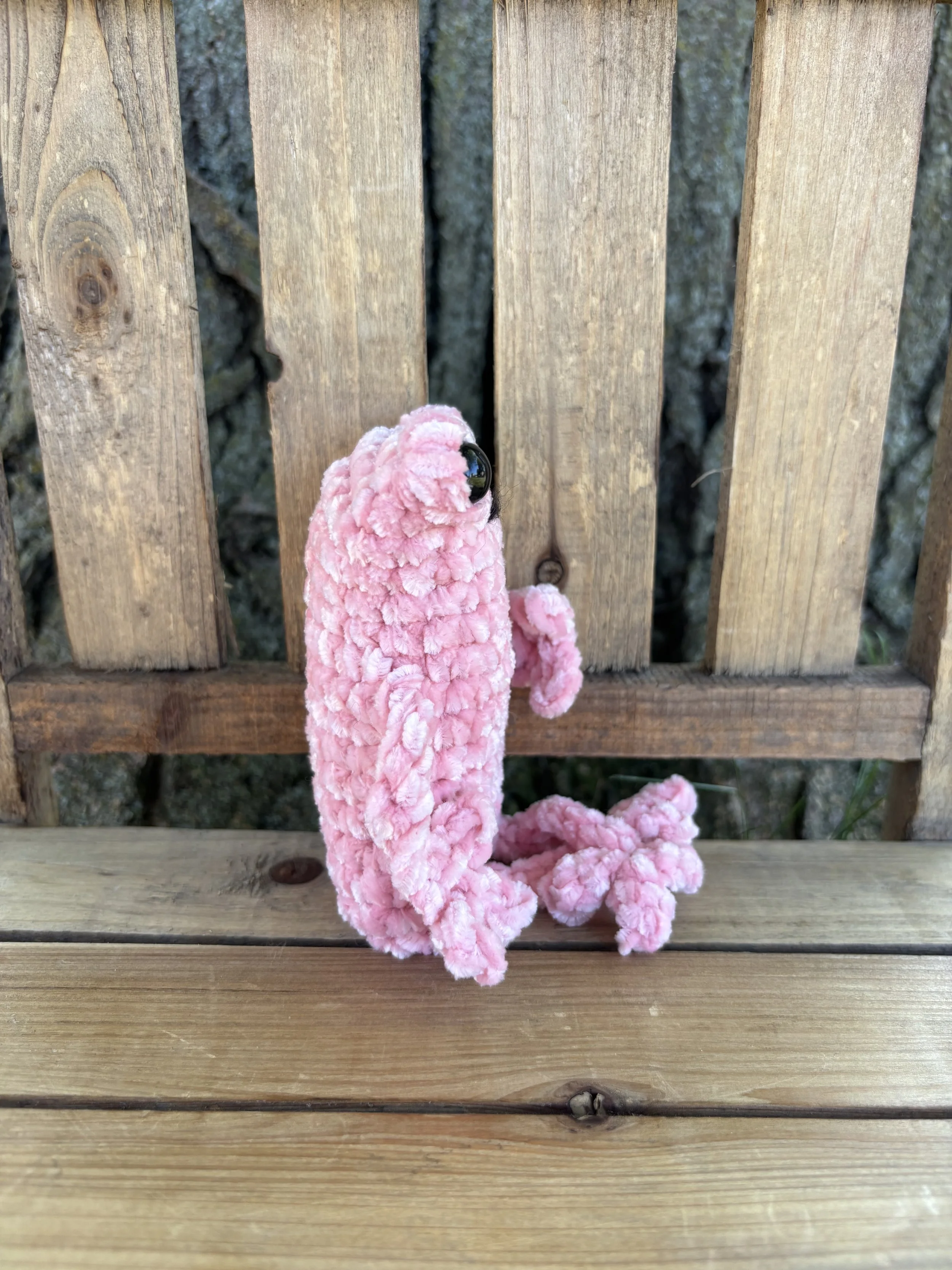 Handmade crochet pink velvet leggy frog plushie
