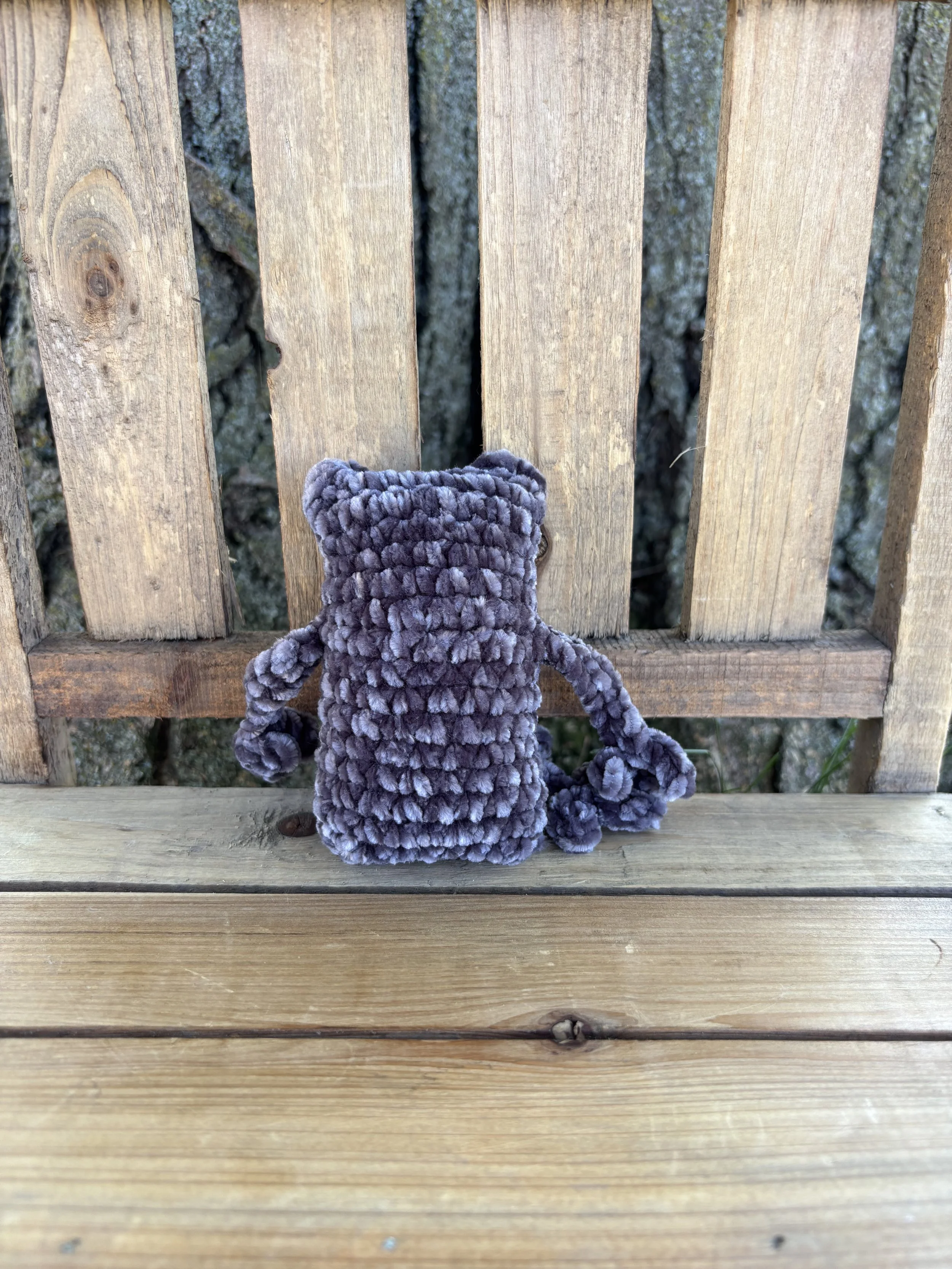 Handmade crochet grey velvet leggy frog plushie
