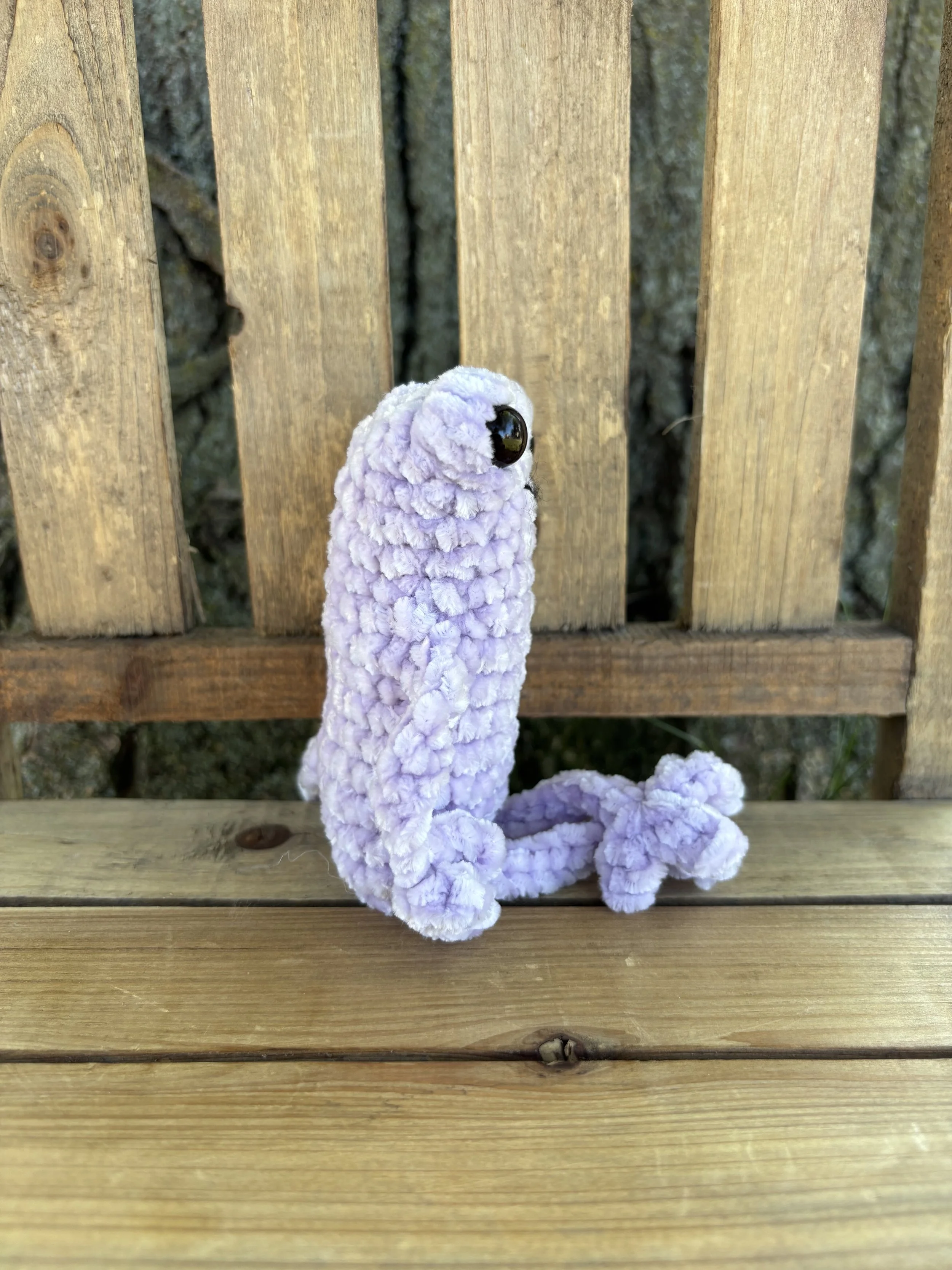 Handmade crochet lavender velvet leggy frog plushie