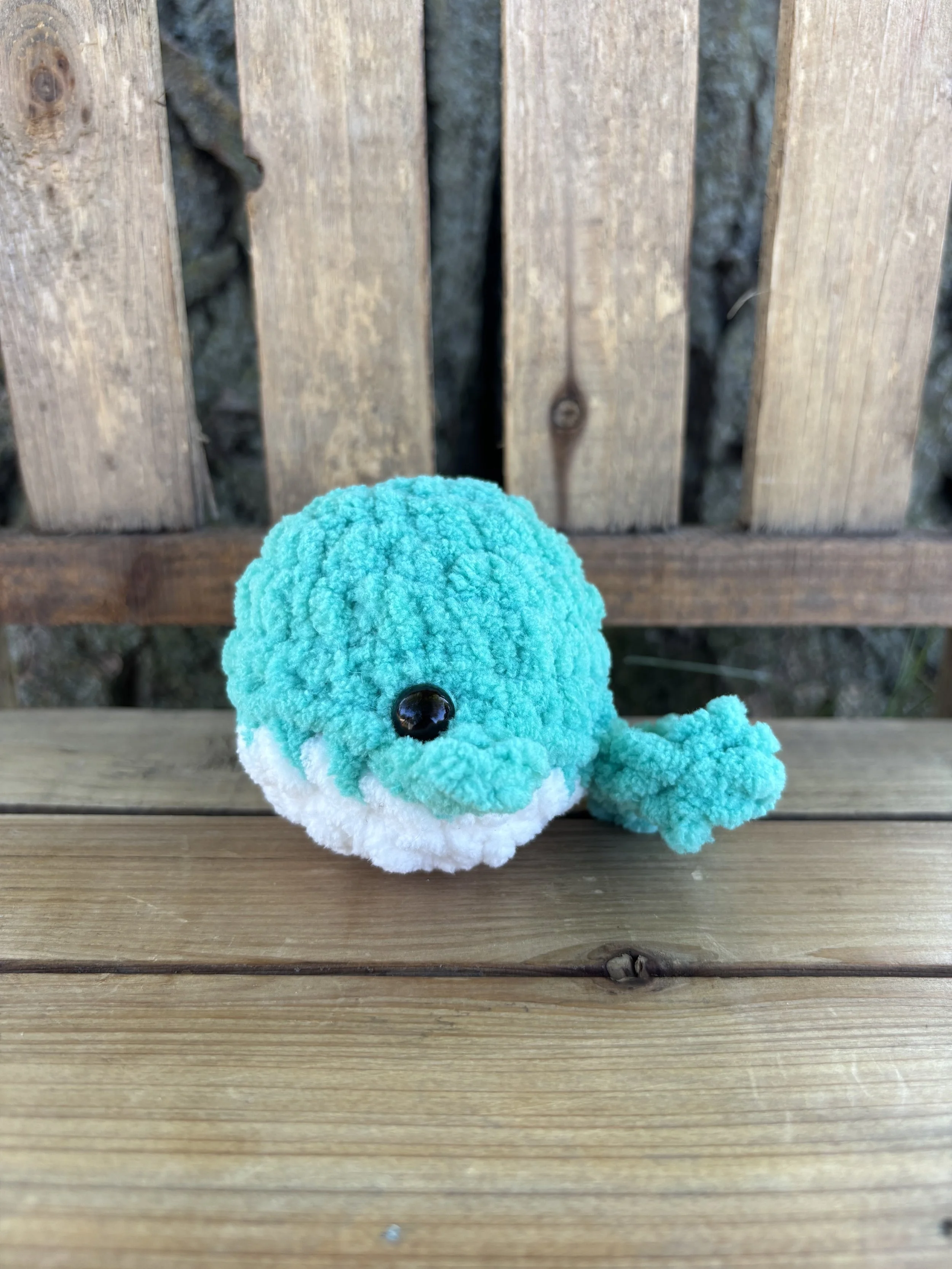 Handmade mini crochet whale plushie collage
