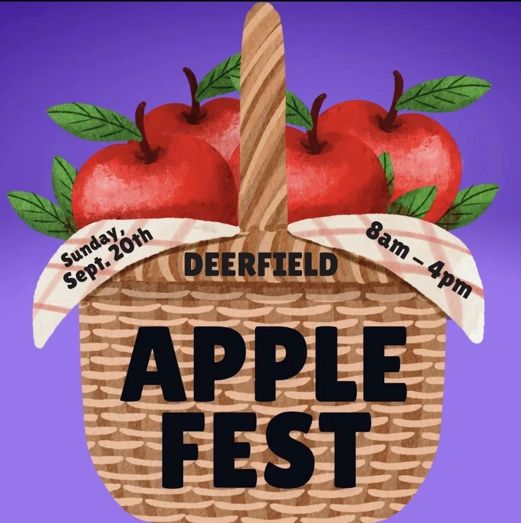 "Deerfield Apple Fest flyer, illustrated basket of apples, Sunday September 20th, 8am-4pm