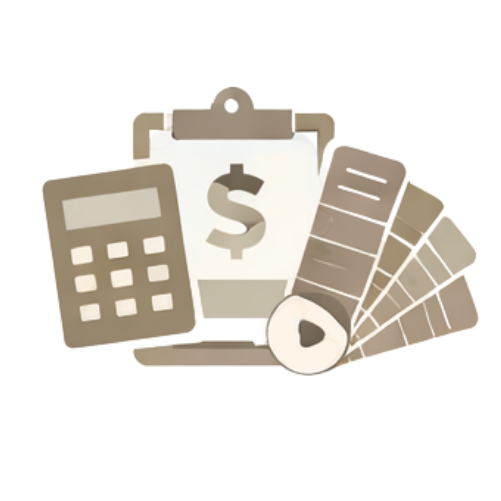 Financial calculator, clipboard with dollar sign, paint color swatches, and play button icon used for budgeting and design planning.