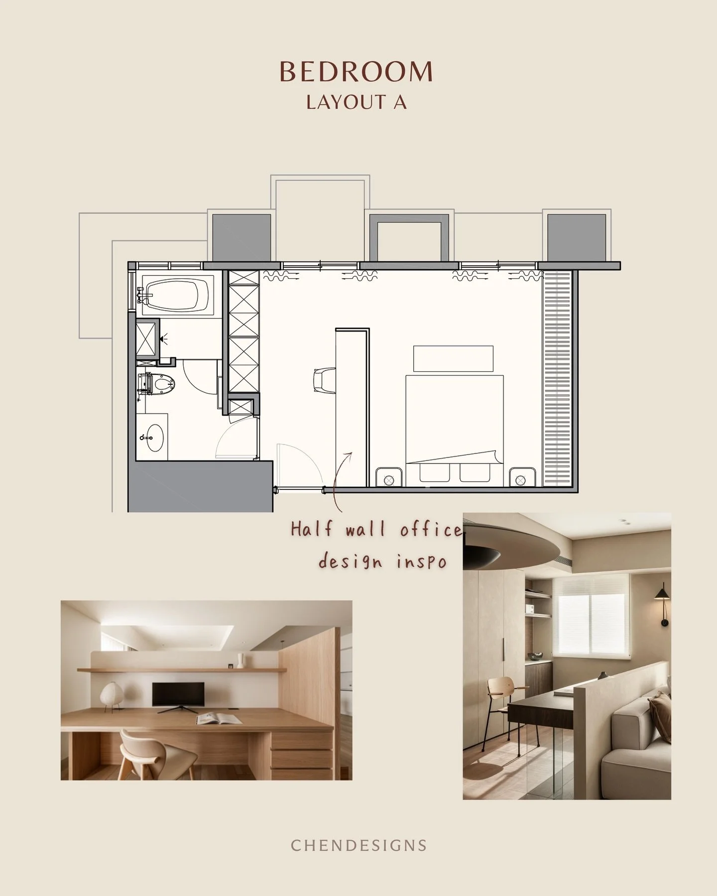 Help me pick~ Working on a very fun bedroom and I&rsquo;m debating between these three layouts🤭

Here are my thoughts behind each one:

LAYOUT A
I love that it&rsquo;s close to the bathroom, with one consolidated circulation path. The bedroom area f