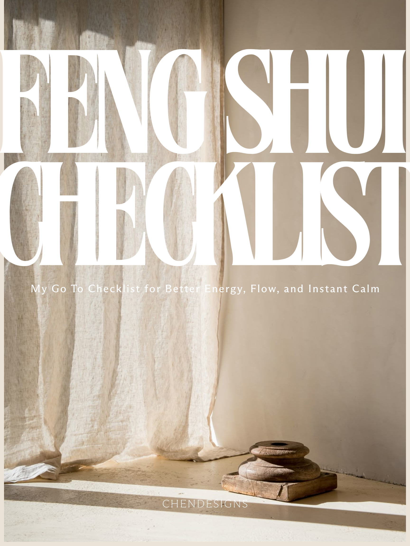 A beige curtain hanging next to a white wall with sunlight casting a shadow, and a stack of wooden disks on the floor.