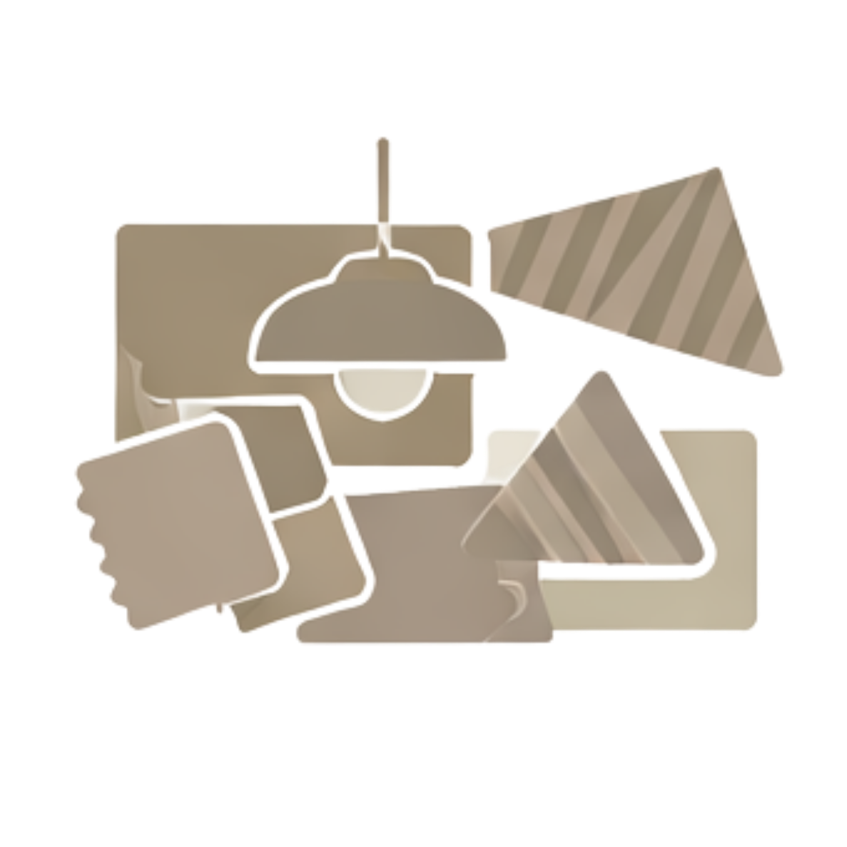 A collection of furniture and decor items including a table lamp, stacked shelves, and folded fabric or towels.