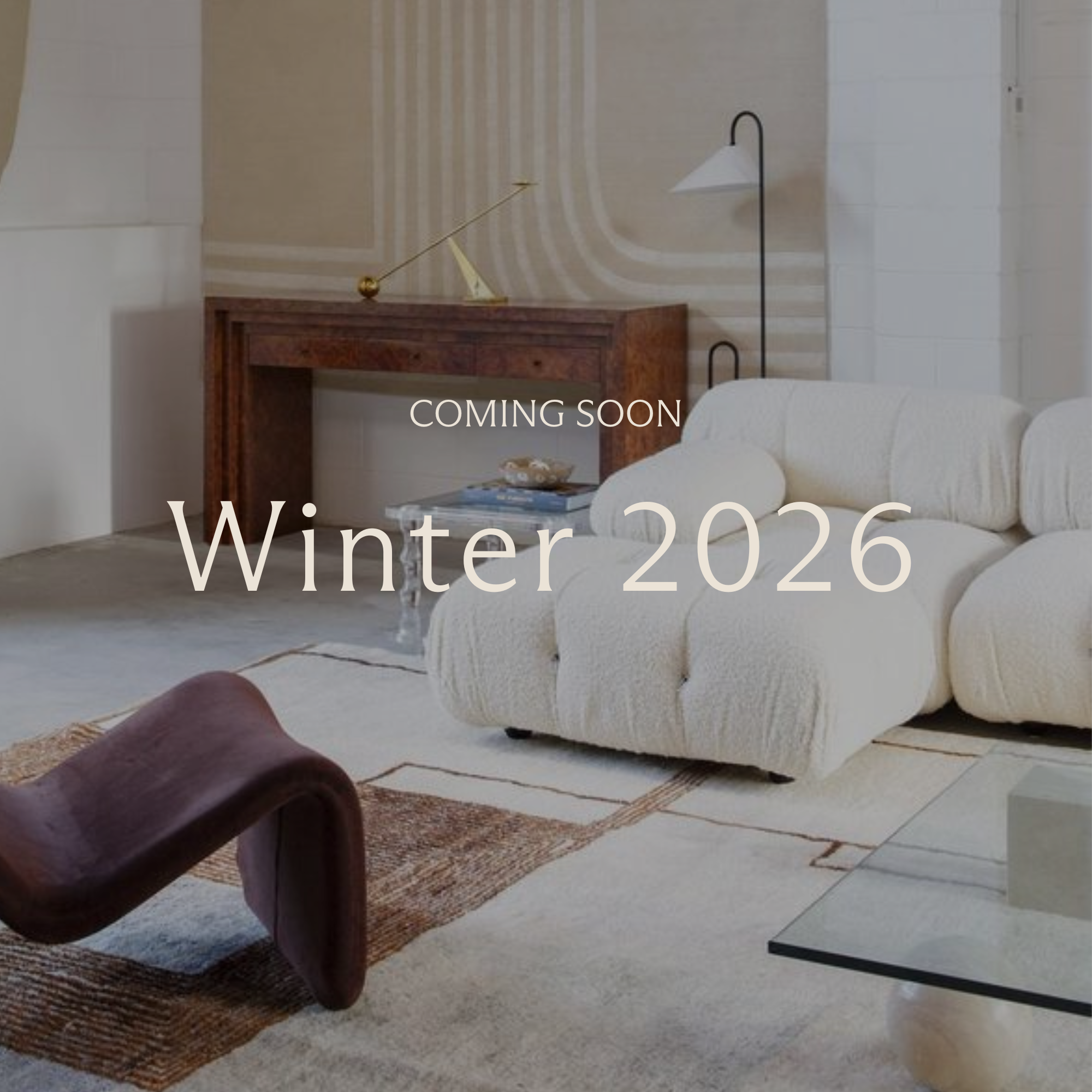 Modern living room interior with abstract art, stylish furniture, and hardwood flooring, text overlay "Coming Soon Fall 2026." Interior design luxury residential project in Taipei Taiwan