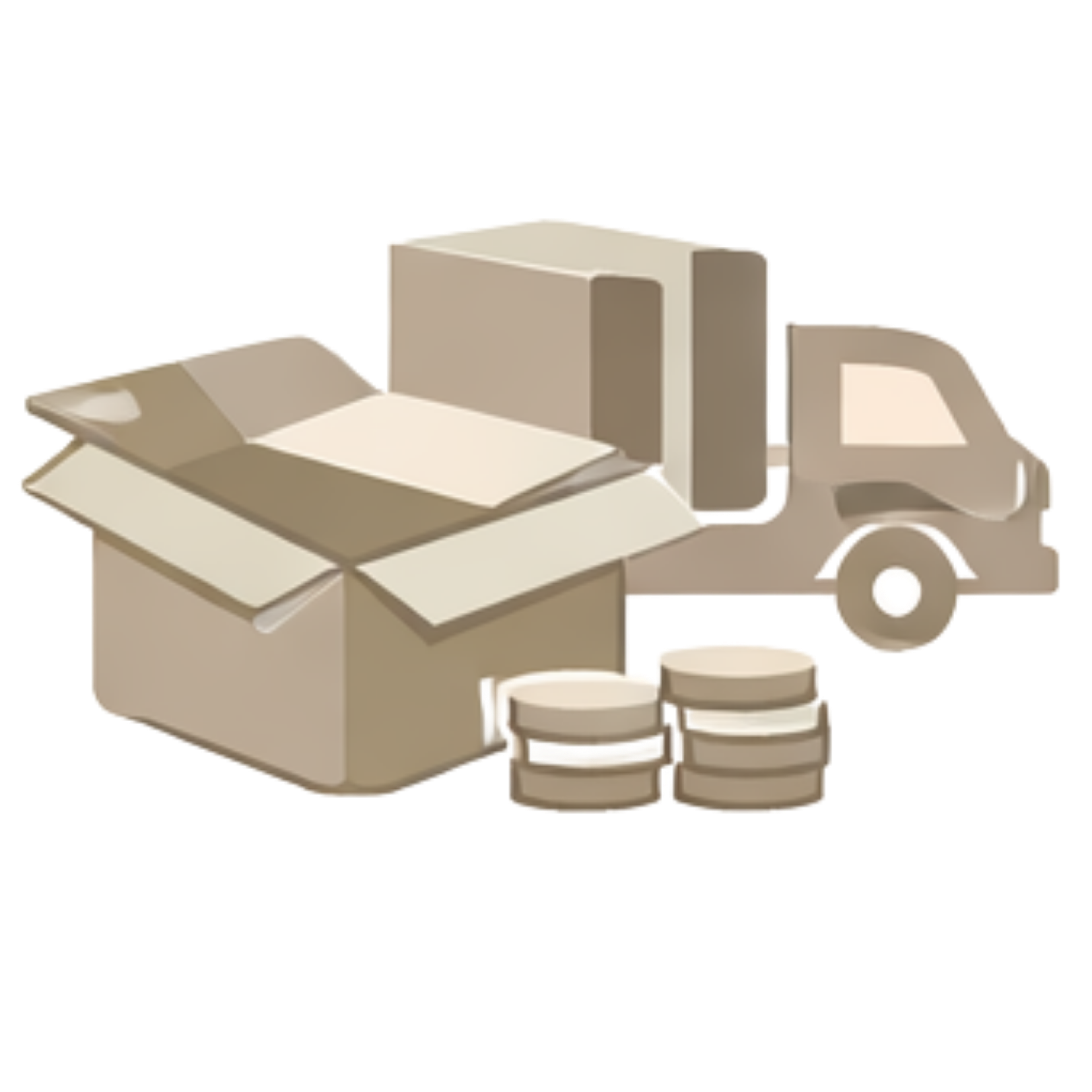 Illustration of a delivery truck, an open cardboard box, and three stacks of coins.