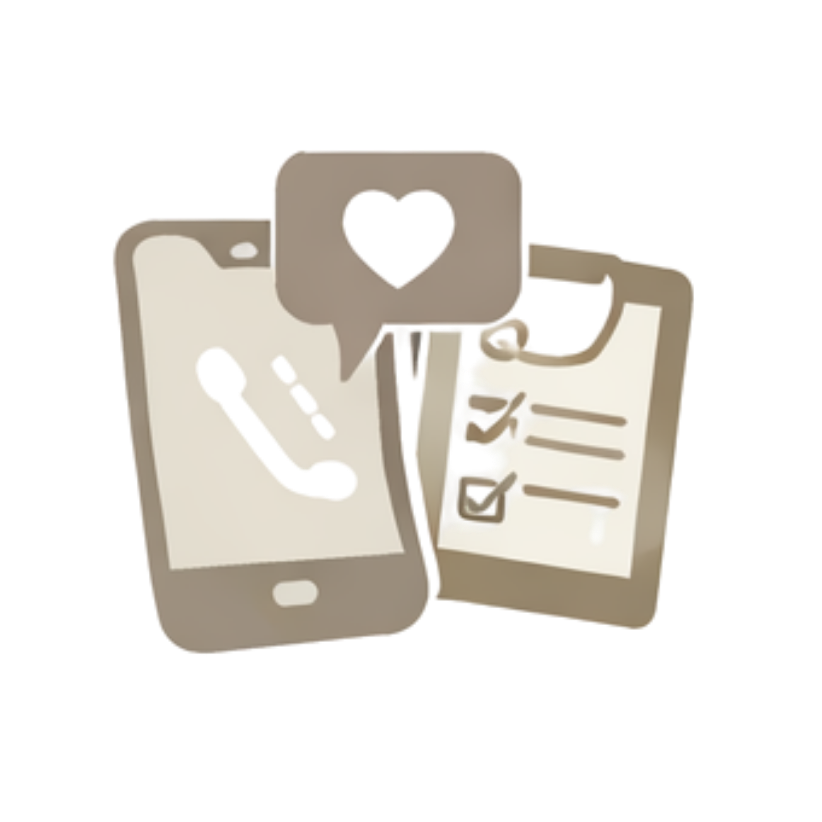 Digital icons shaped like a smartphone, a speech bubble with a heart, and a document.