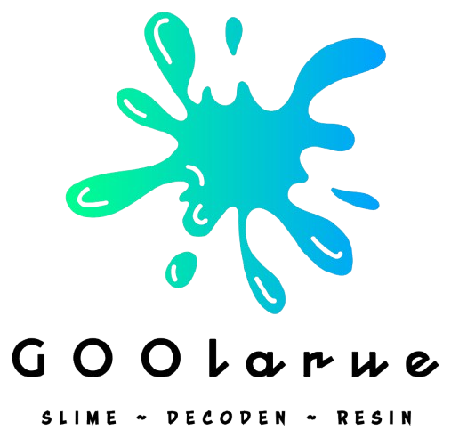 Colorful splash of slime with the text "GOOlarue" and the words "Slime - Decoden - Resin" underneath.