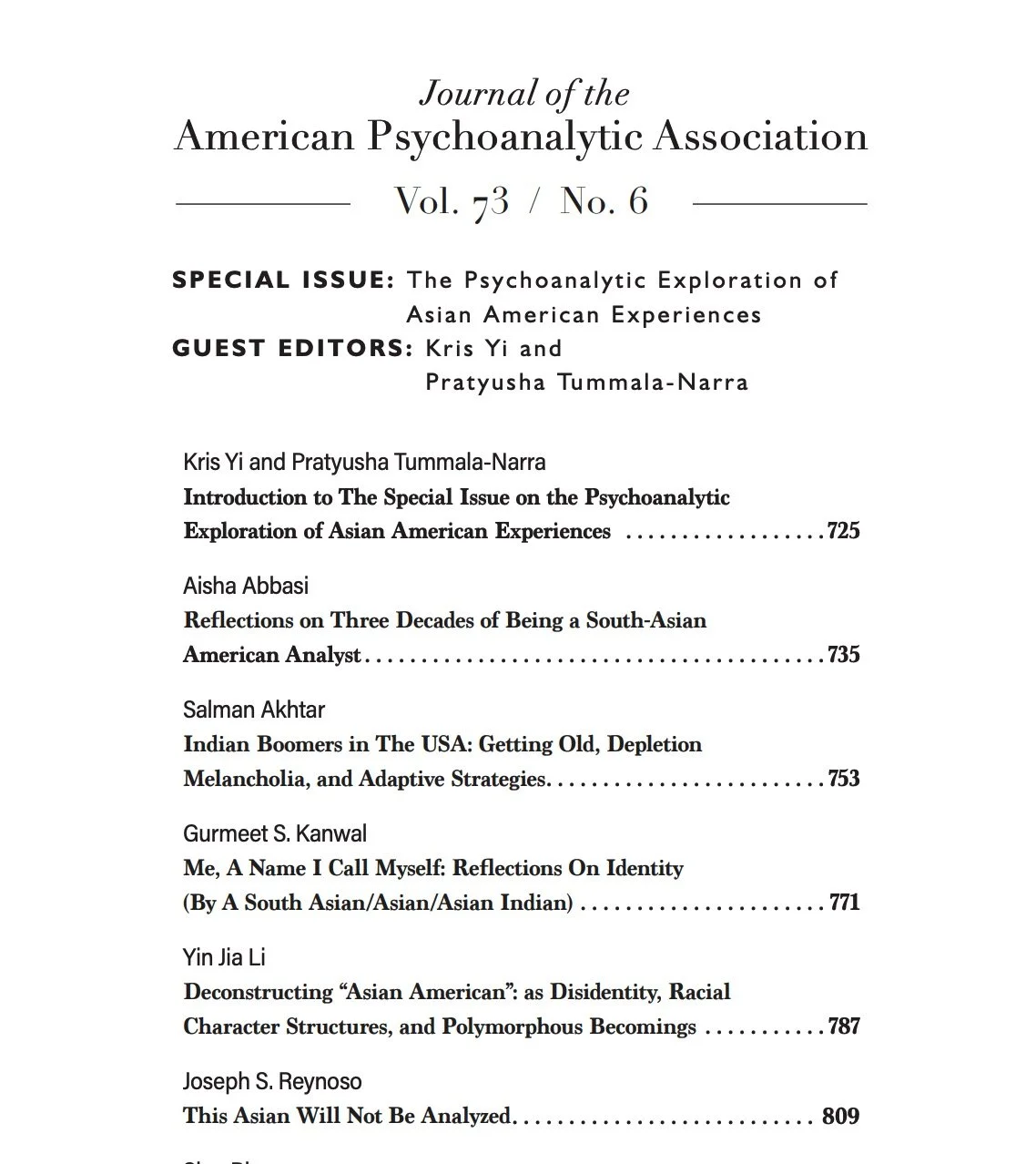 The Psychoanalytic Exploration of Asian American Experiences, Special Issue in JAPA