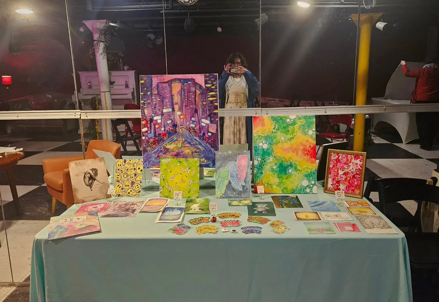 Set up and ready to go @asylumseattle for tonight's Art Walk!! 🥰

#artwalk #vendor #paintings #artistsoninstagram #seattle