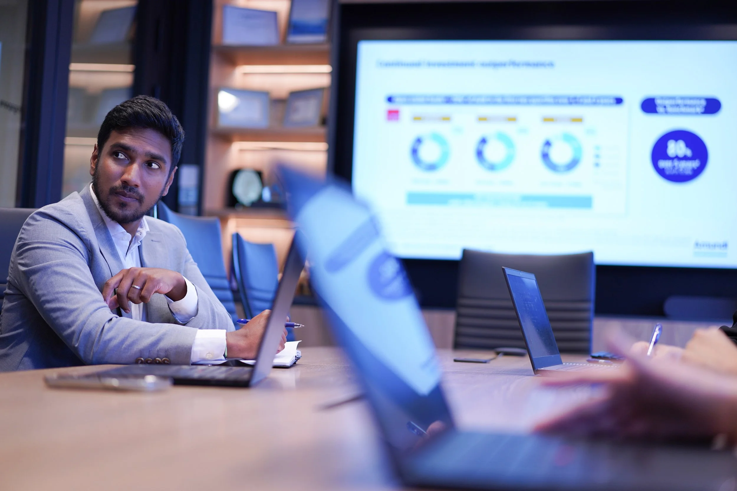 Business meeting room with a man in a gray blazer looking to the side, in front of laptops and a large screen displaying charts and graphs.