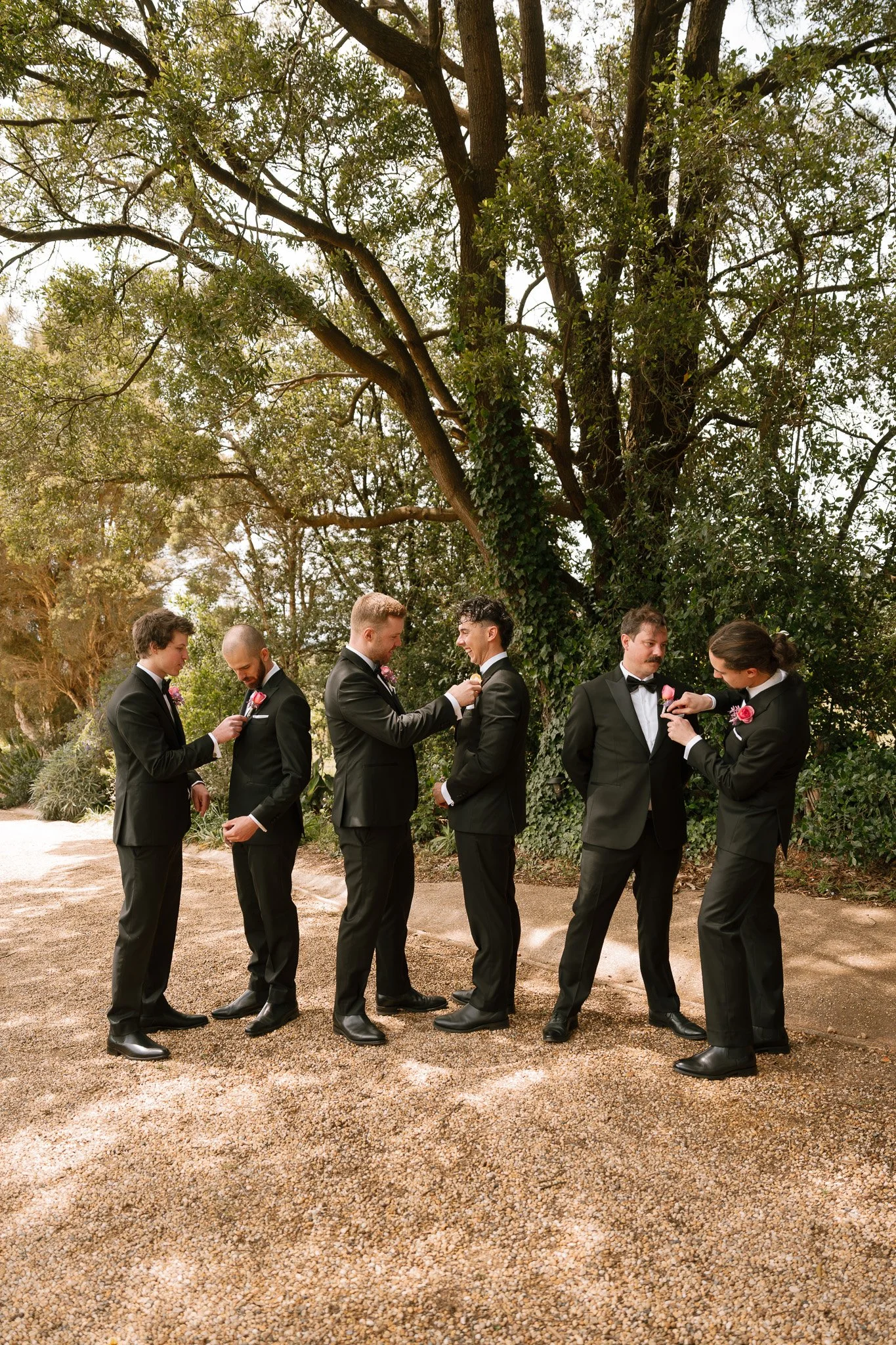 Group of seven men dressed in black tuxedos with pink boutonnieres standing outdoors on a dirt path, exchanging tuxedo pins under tall trees with green foliage.