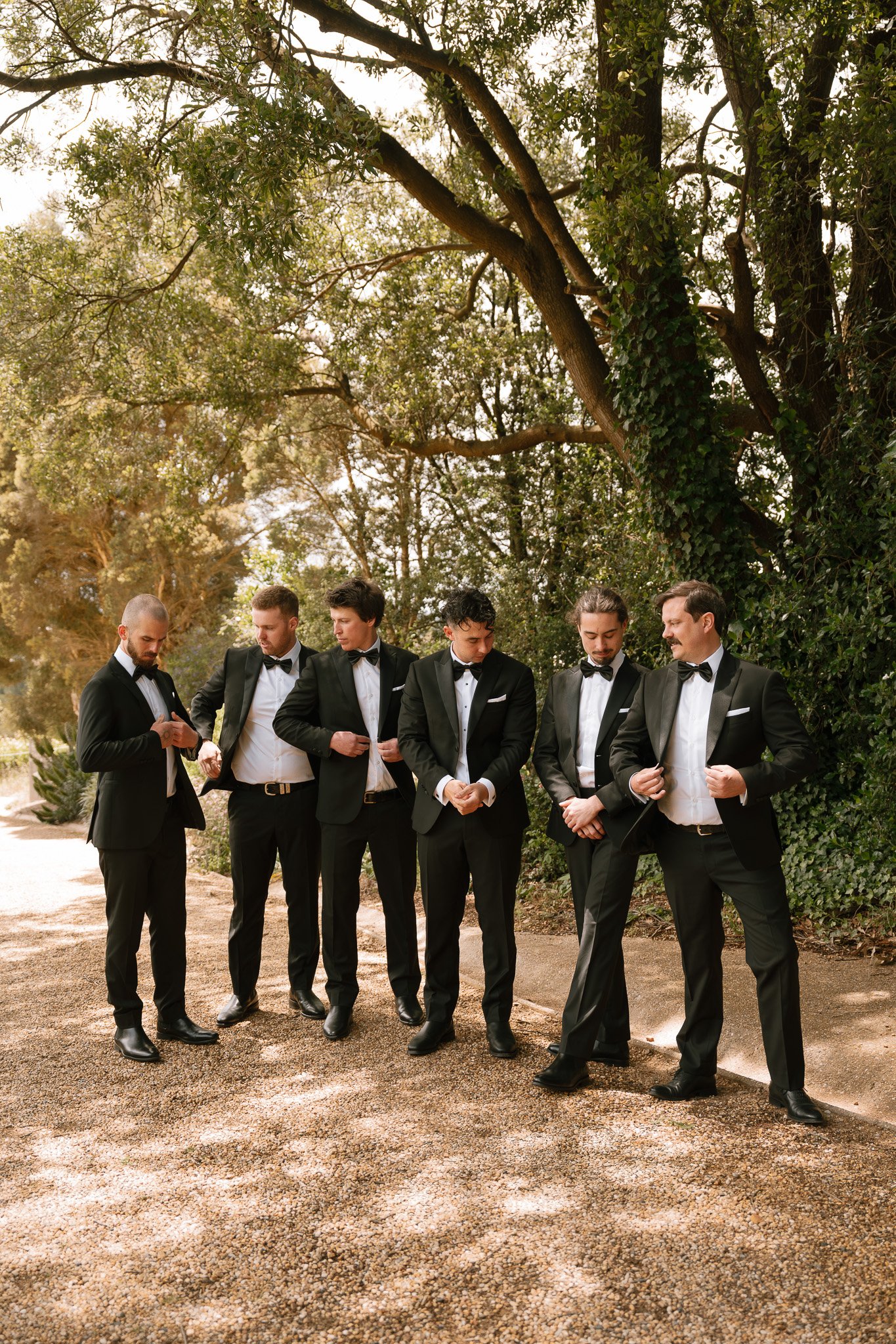 A group of six men dressed in black tuxedos with white shirts and black bow ties, standing outdoors on a gravel path surrounded by trees and greenery, adjusting their suits.