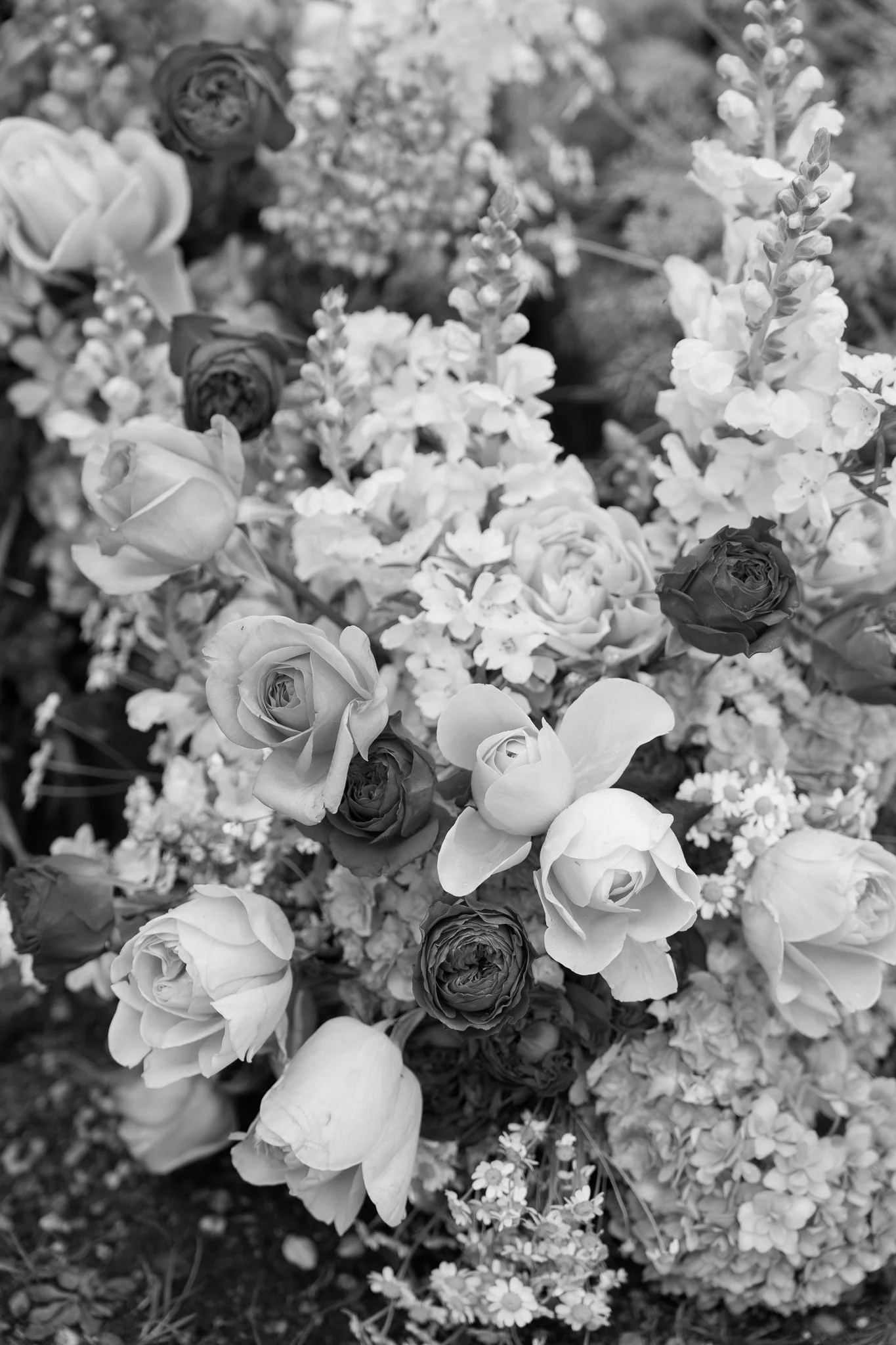 Black and white photograph of various flowers, including roses and other blossoms, arranged closely together.