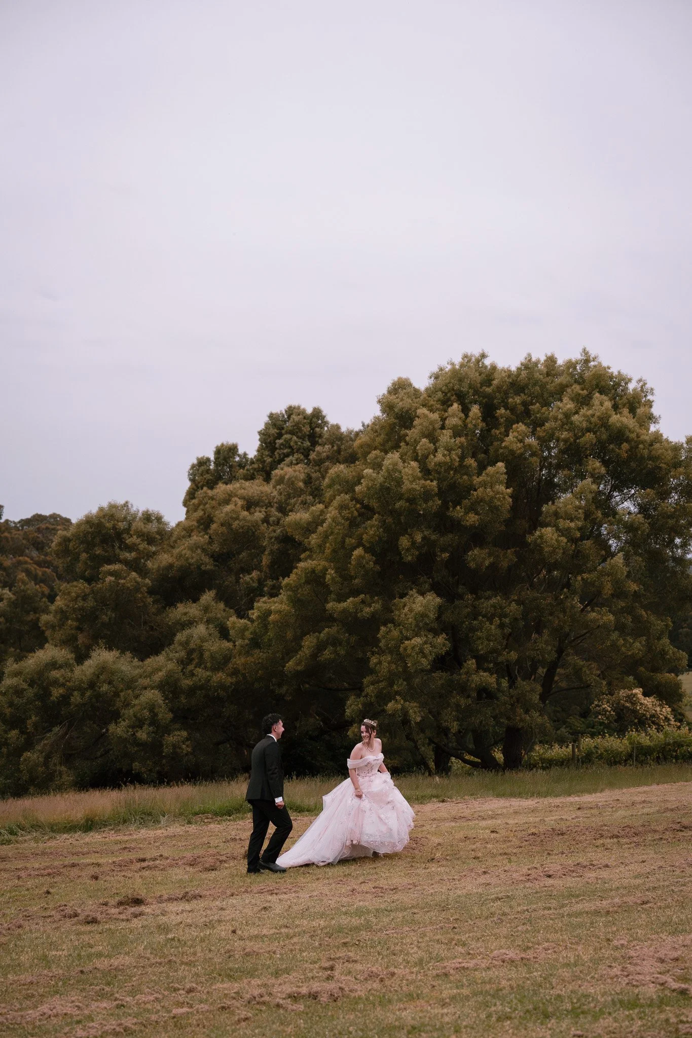 A bride and groom standing outdoors in a field with a large tree behind them, during cloudy weather.