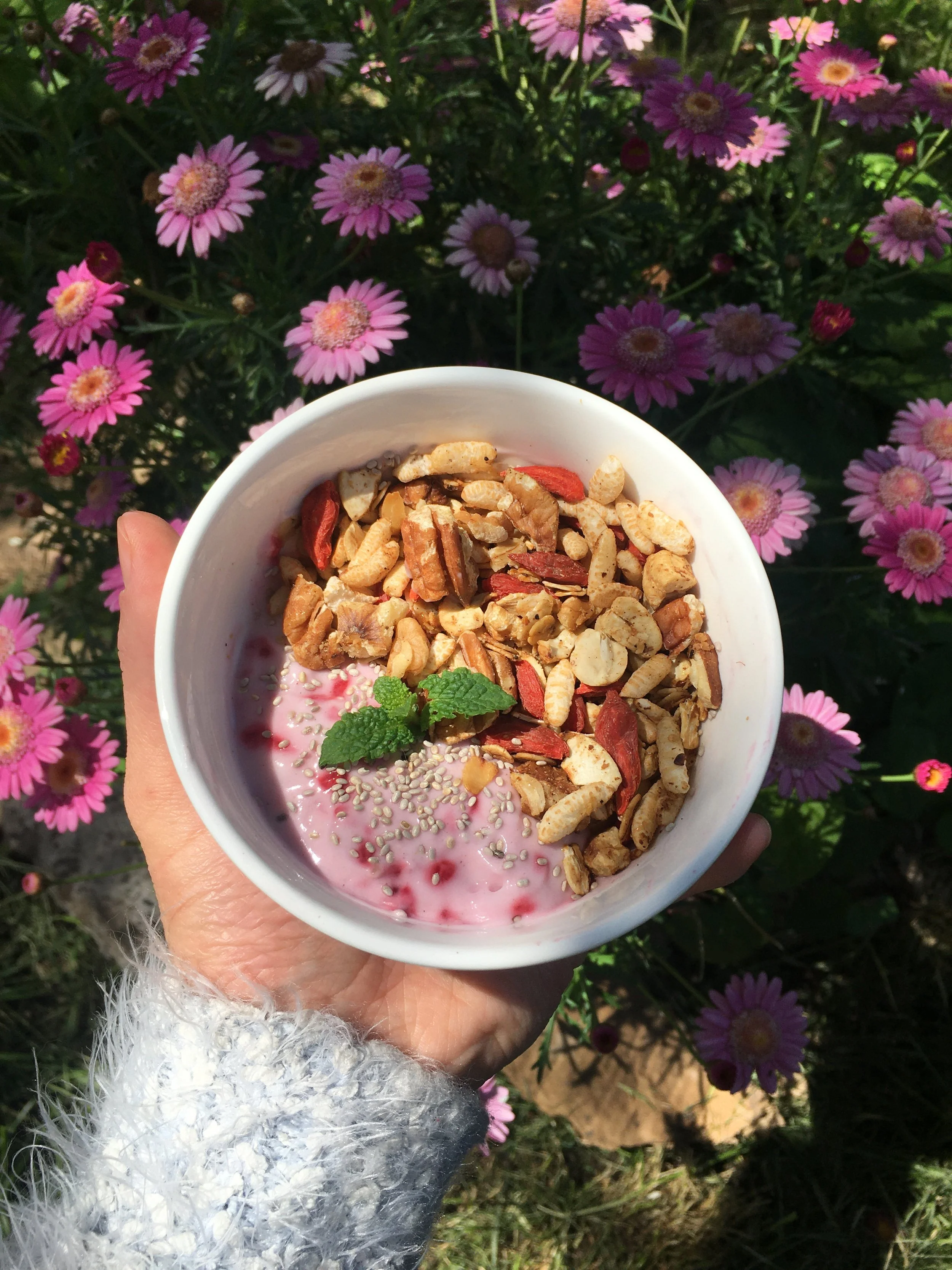A hand holding a white bowl of yogurt topped with granola, seeds, and a sprig of mint, against a background of pink and purple flowers.