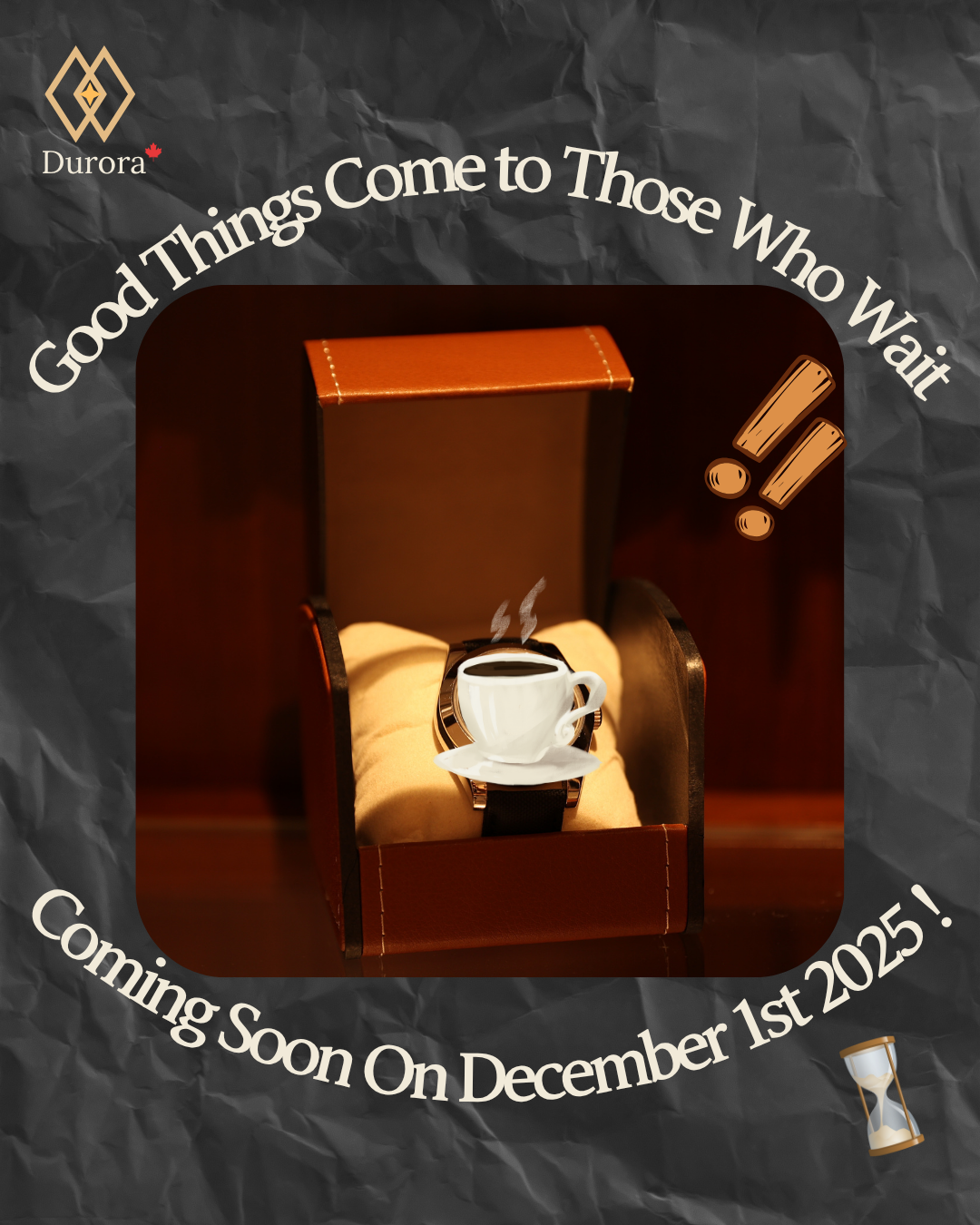 A smartwatch in a box with a steaming coffee cup illustration over it, surrounded by text announcing the upcoming release date of December 1st, 2025, with decorative icons of an exclamation mark and hourglass.