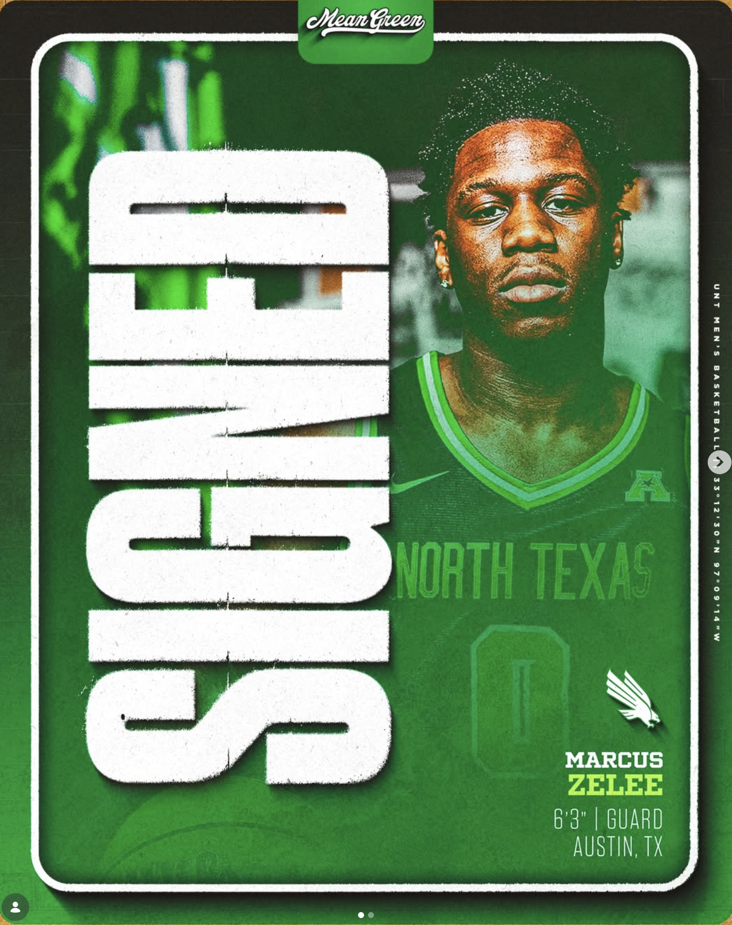 Green and black basketball recruit and commitment graphic with a large white text and a photo of player in a green basketball jersey. The text reads 'Marcus Zelee' with the size '6.3"' and location 'Austin, TX'.