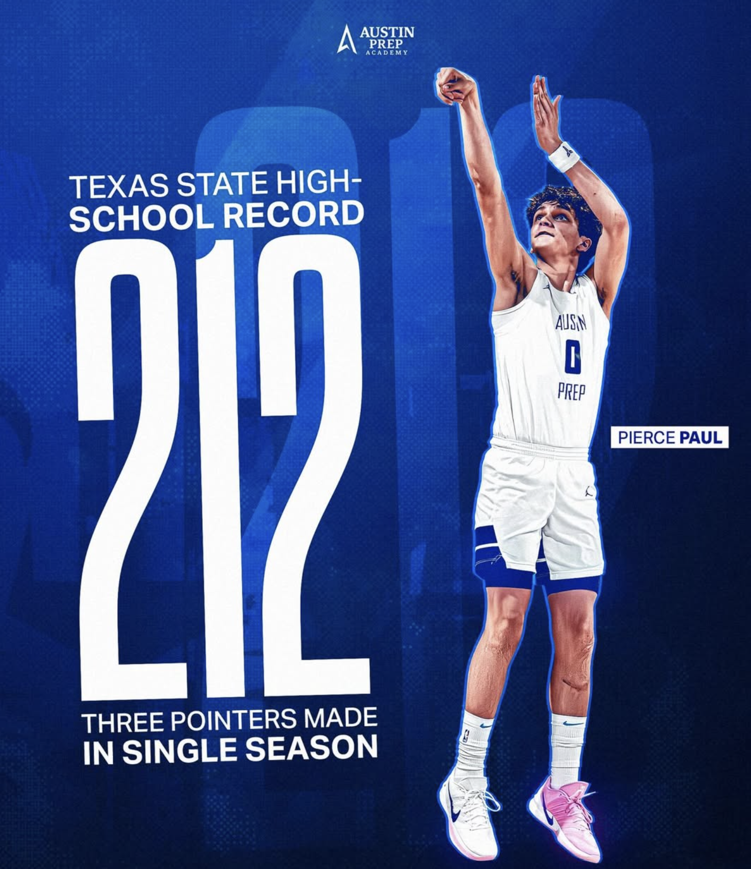 A poster with a blue Austin Prep Academy background featuring high school basketball player, Pierce Paul. The poster celebrates creating an all-time Texas high school basketball record of 21 three-pointers made in a single season.