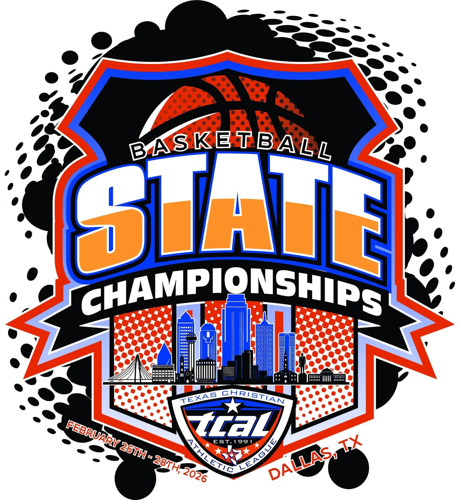 Graphic poster for the 2026 Texas Christian Athletic League Basketball Championships in Dallas, TX, featuring a city skyline including skyscrapers and landmarks, with a baseball, and event details such as dates from February 26th to 28th, 2026.
