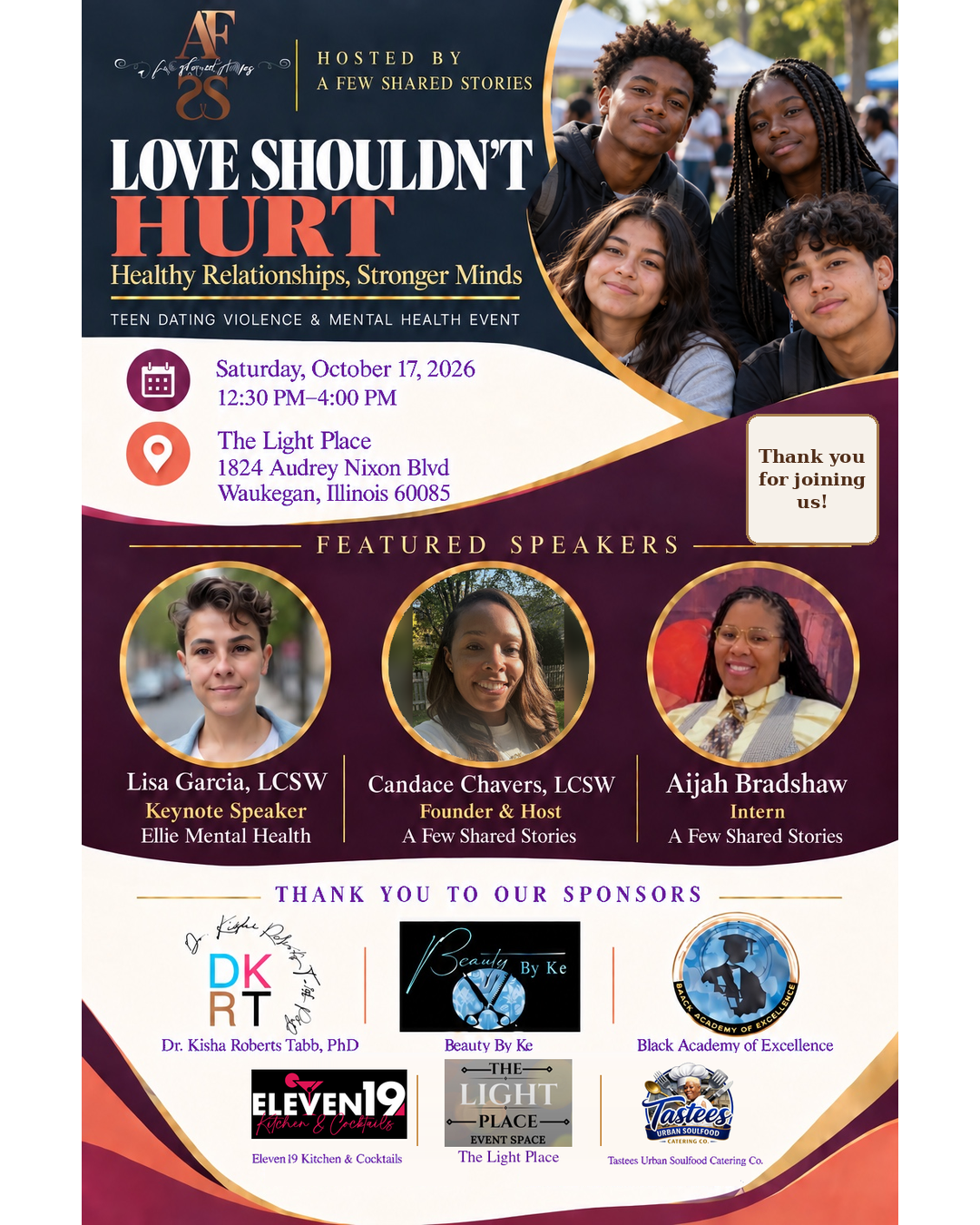 Love Shouldn't Hurt event flyer, October 17, 2026, at The Light Place in Waukegan