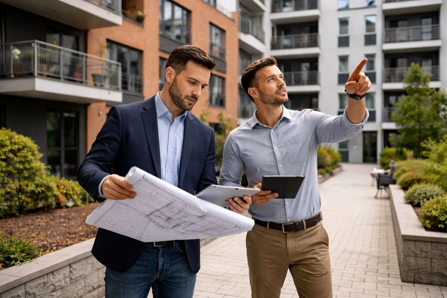 Real estate operators reviewing plans on site at a multifamily property, illustrating hands-on asset management and vertically integrated execution.