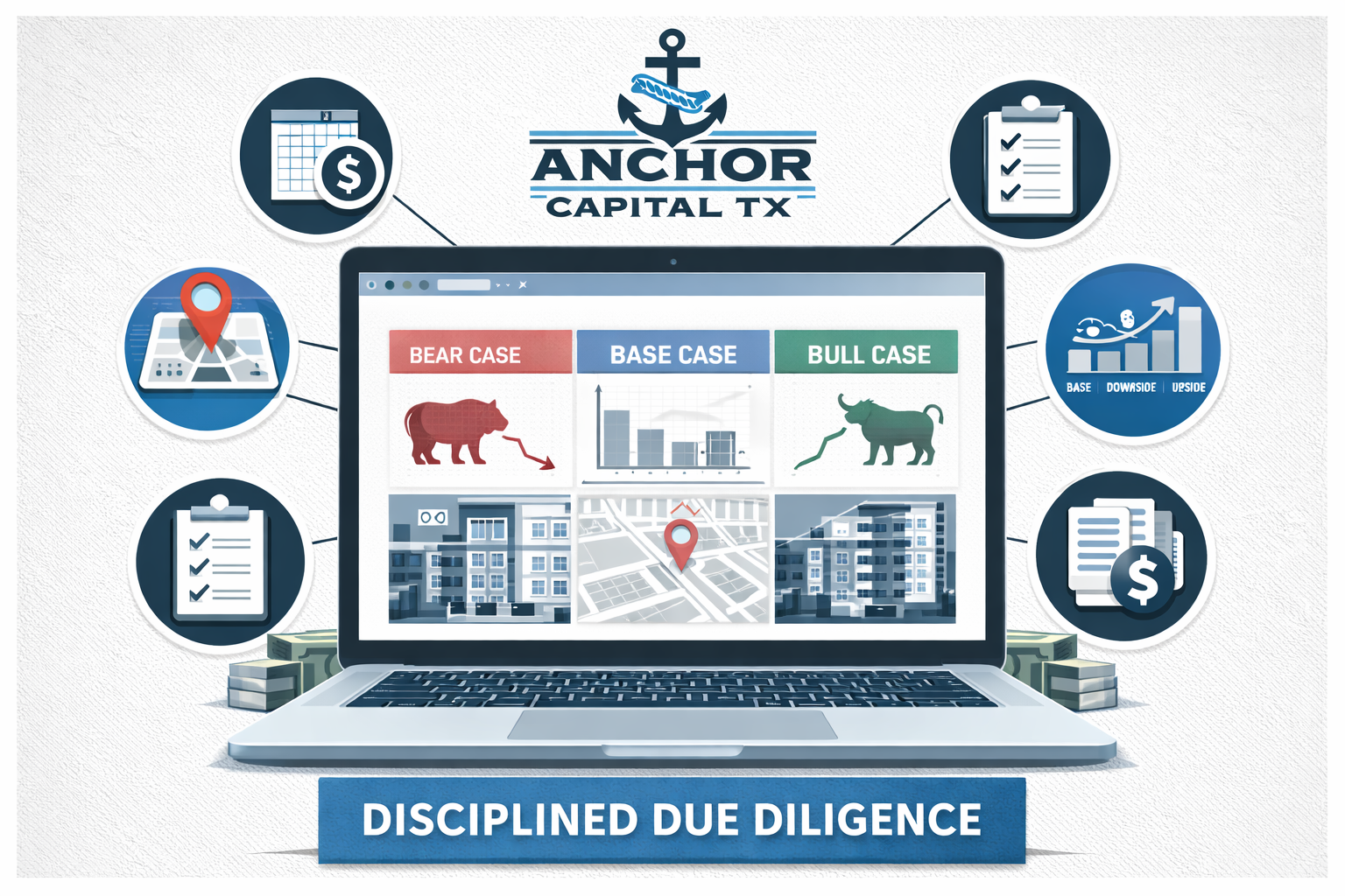 A graph on a dotted notebook page titled "Not Sucking" displaying data from "The Past" to "The Future" with an upward trend. A stainless steel ruler is at the top, and a gold and black pen are on the left side, all on a wooden surface.