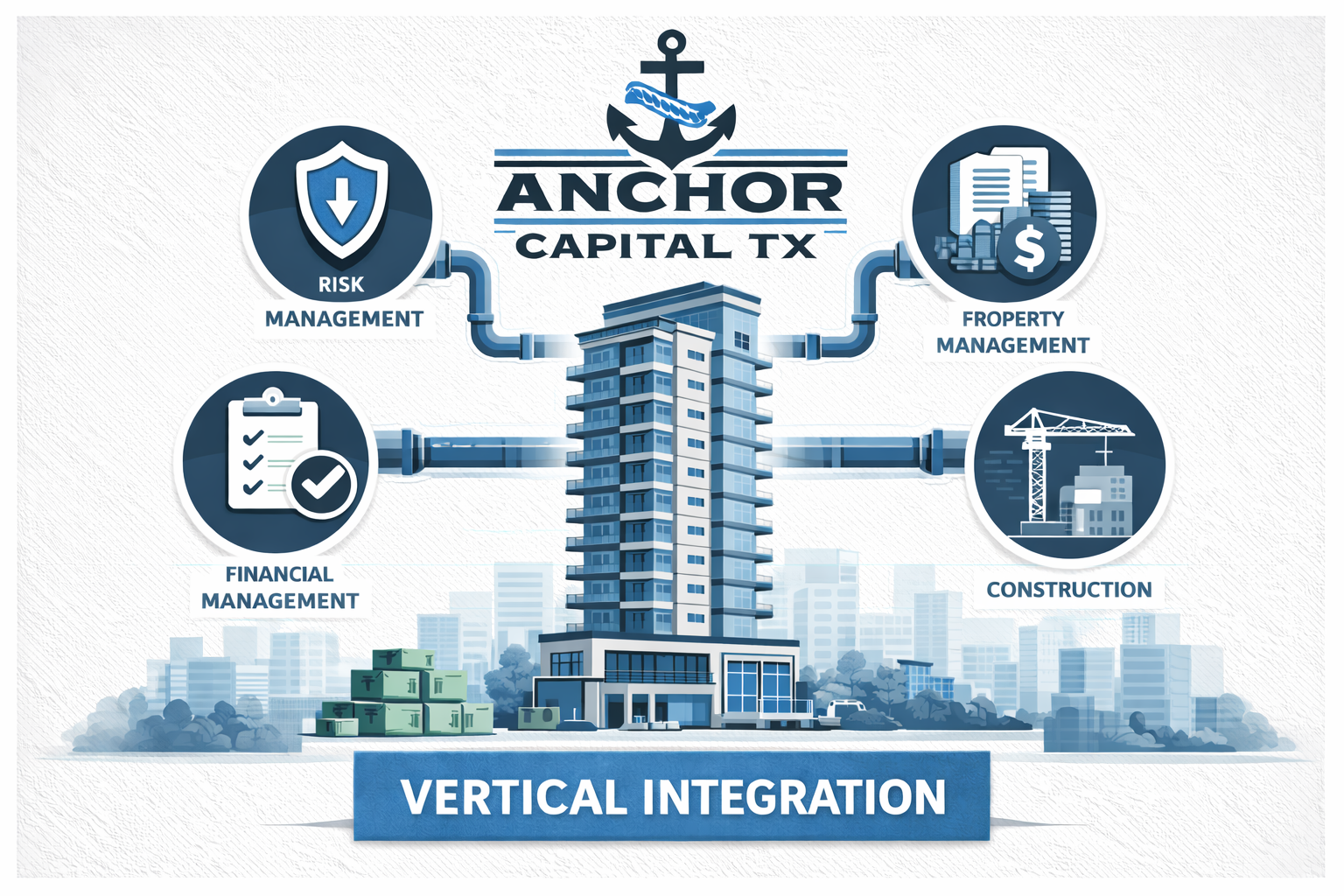 Vertical integration illustration representing Anchor Capital TX’s operator led real estate investment strategy across acquisition, underwriting, and operations.