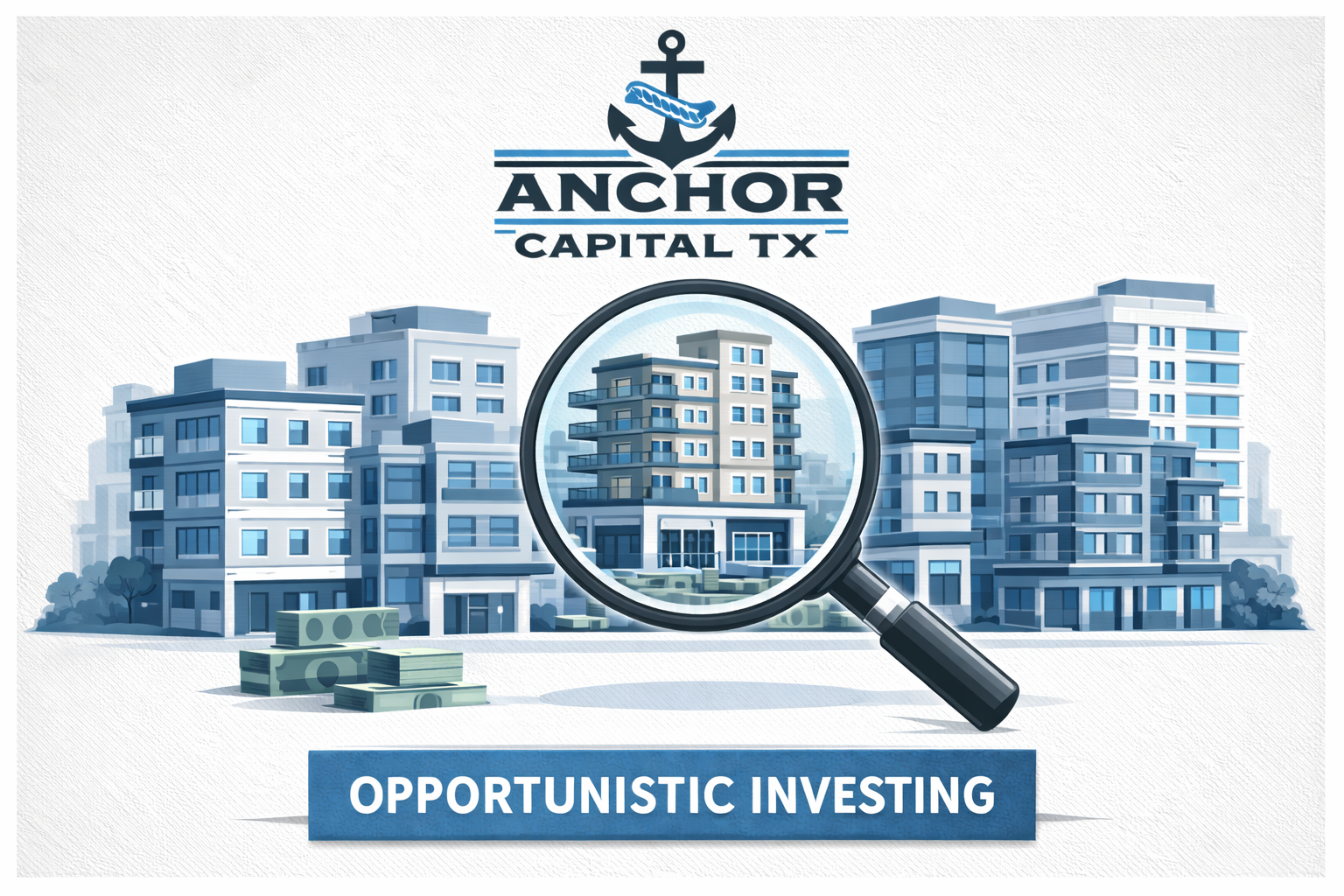 Illustration of downtown Austin highlighting opportunistic real estate investing, showing active construction, for-sale properties, and Anchor Capital TX branding.