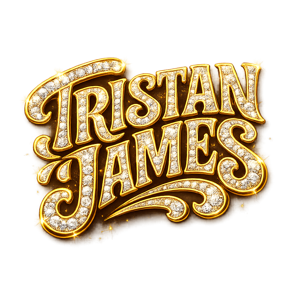 Gold and diamond-encrusted text saying "Tristan James" with a black background.