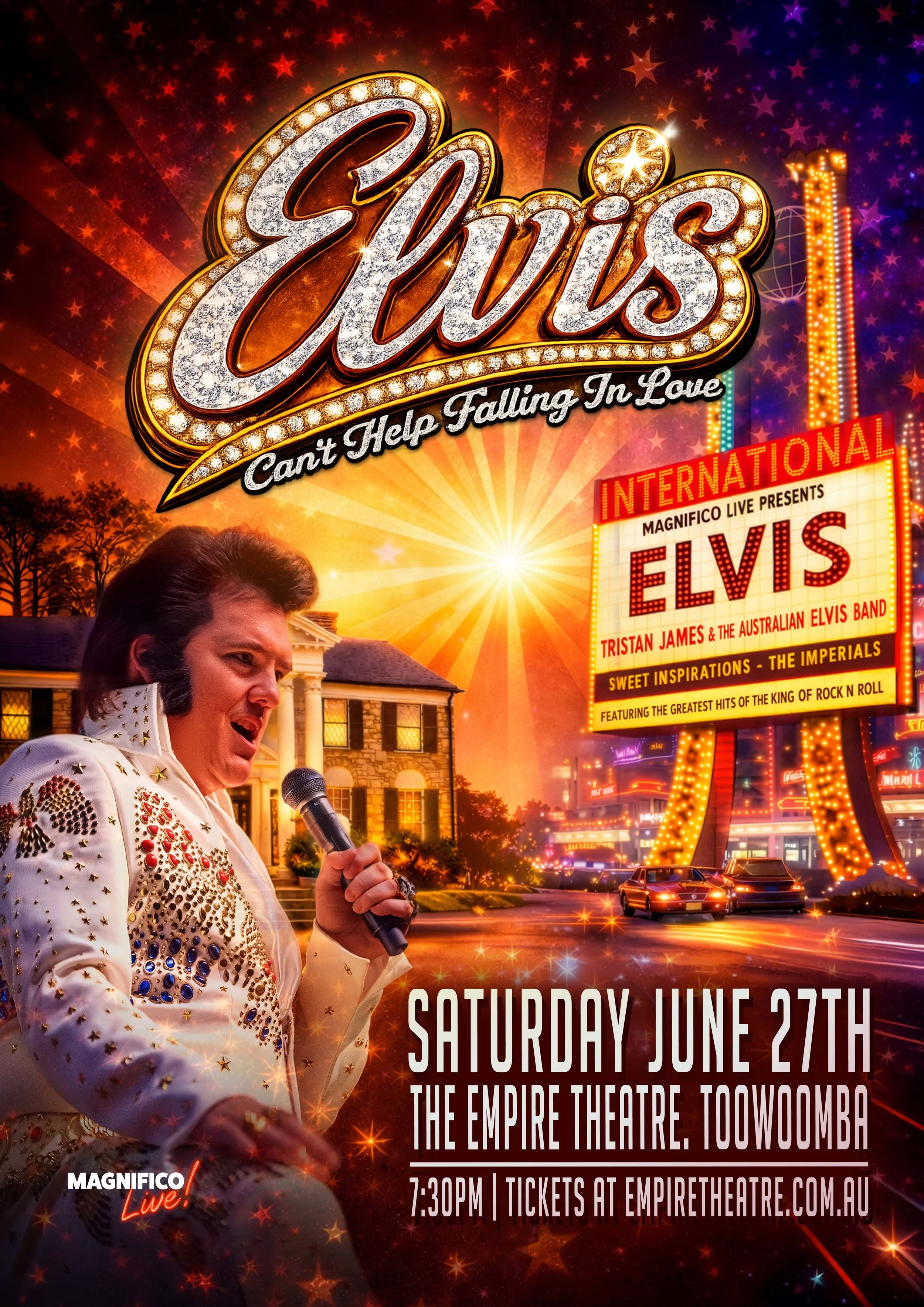 Poster advertising a live Elvis Presley tribute show featuring Tristan James & The Australian Elvis Band at The Empire Theatre in Toowoomba on Saturday, June 27th at 7:30 PM, with tickets available at empiretare.com.au. The poster features an image of a performer dressed as Elvis, singing into a microphone, with a vibrant background of a neon-lit amusement park at sunset.