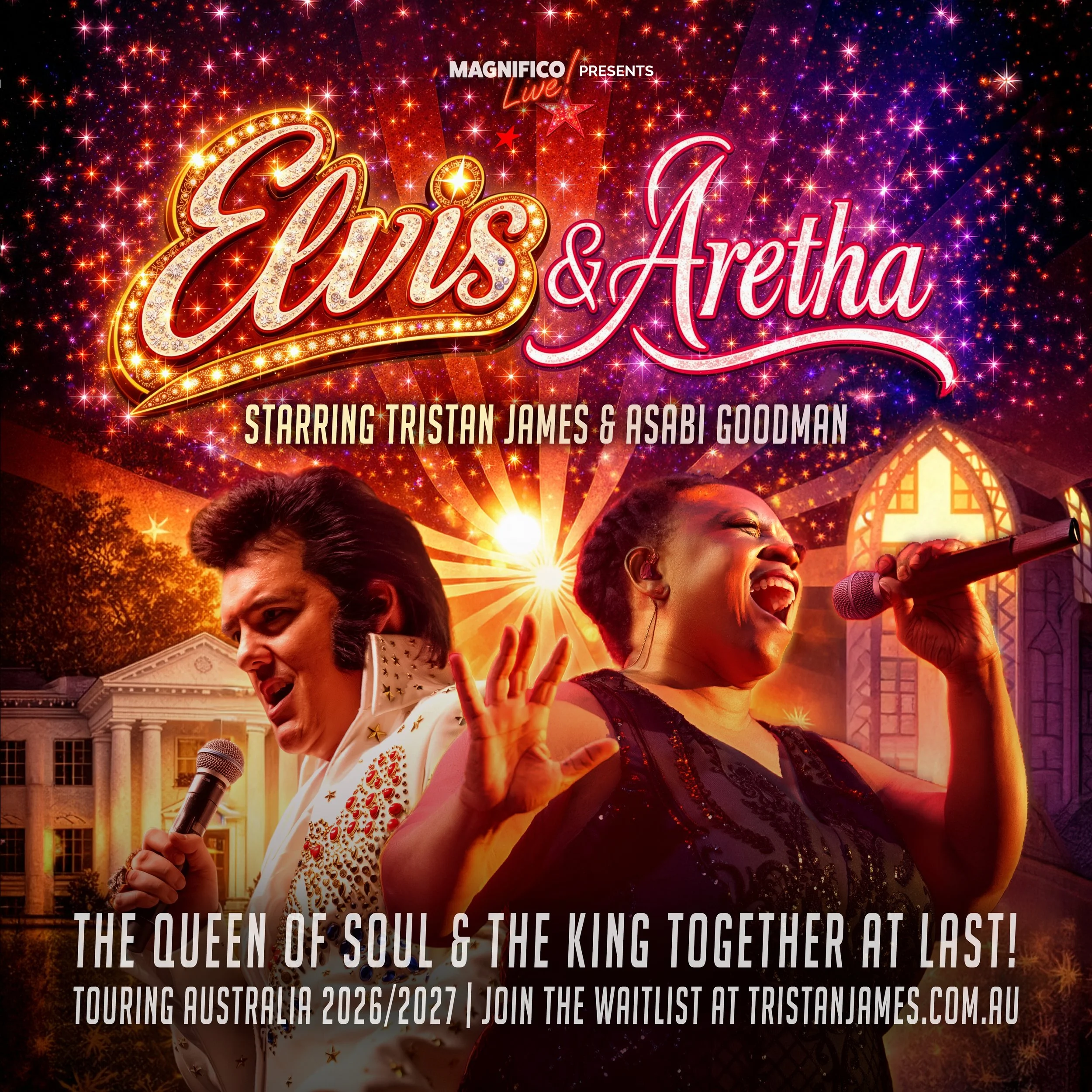 Poster for Elvis & Aretha music concert featuring Tristan James and Asabi Goodman, with vibrant fireworks, spotlight effects, and singers holding microphones.