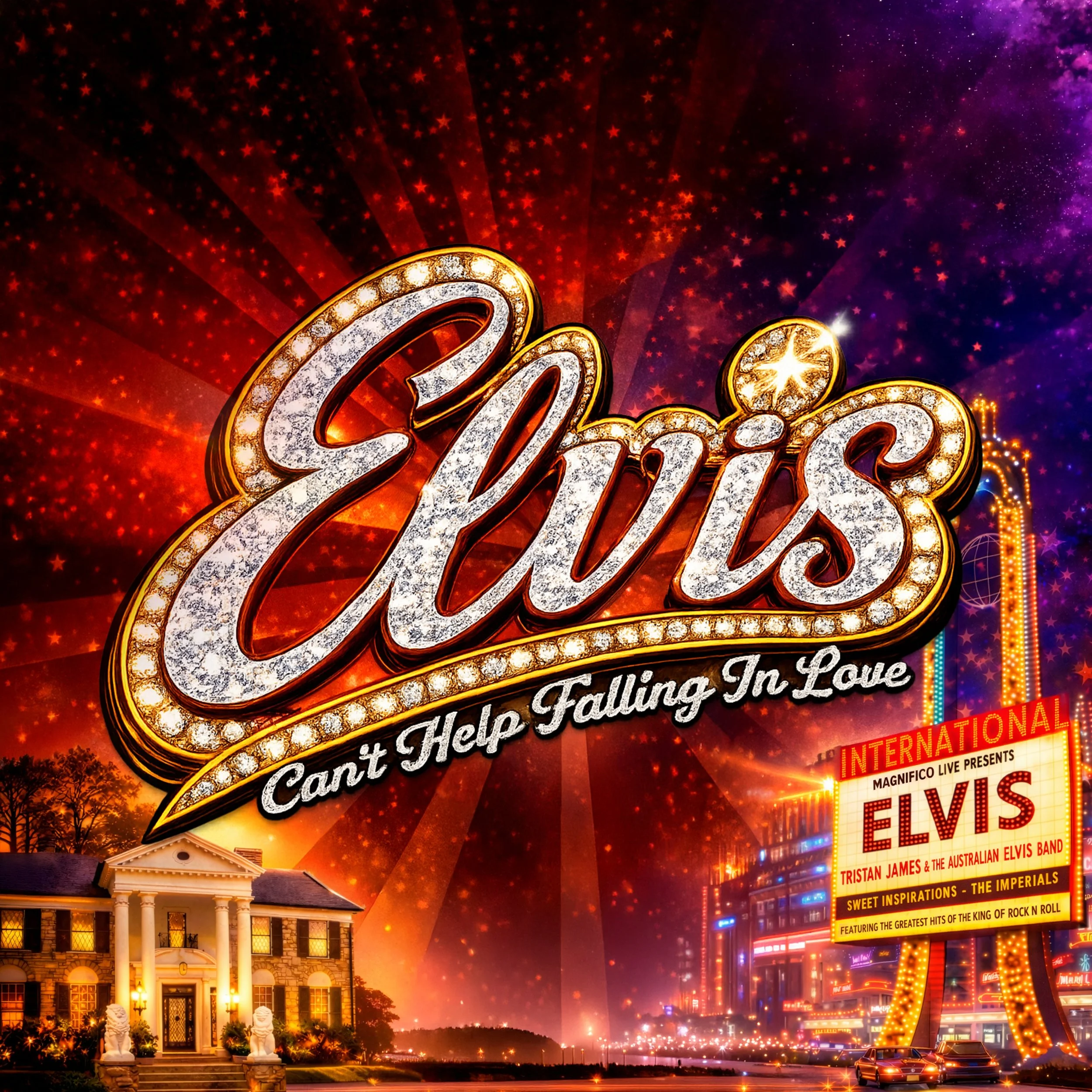 Promotional poster for Elvis with bright neon lights, fireworks, and images of a house and a cityscape in the background.
