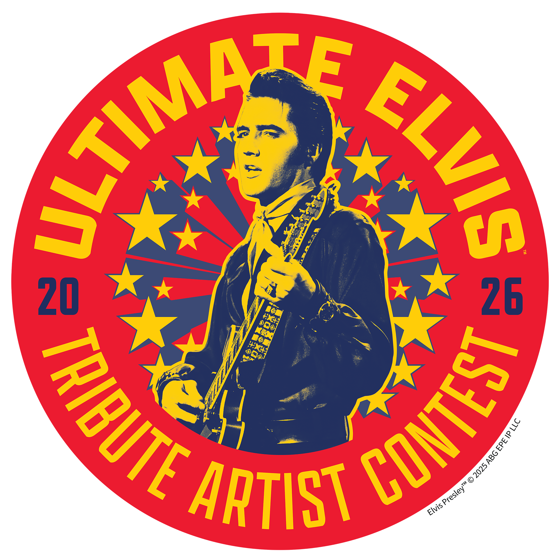 Illustration of a man with dark hair, holding a guitar, wearing a jacket and a scarf, surrounded by yellow and blue stars on a red background. Text reads 'Ultimate Elvis Tribute Artist Contest 2026'.